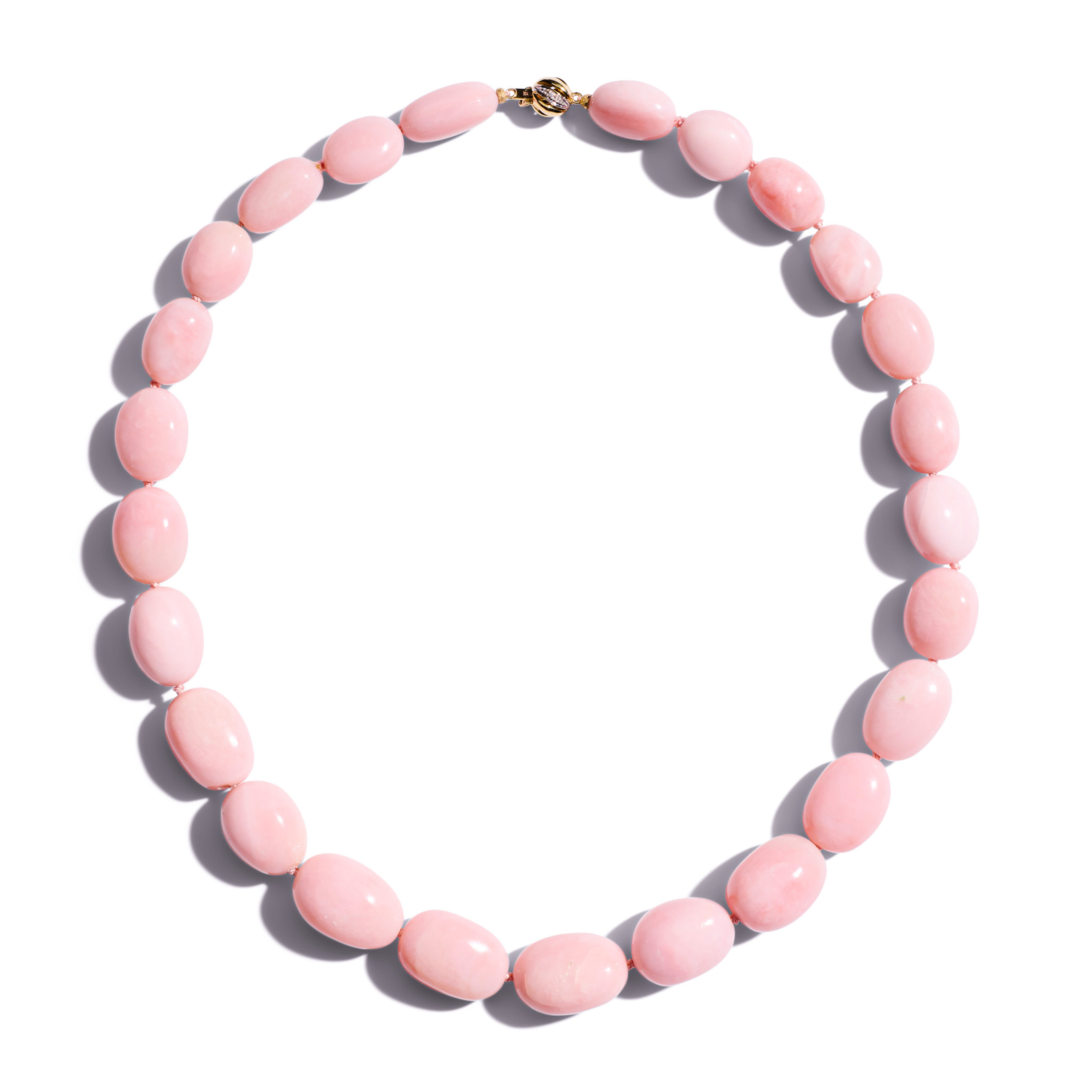 Collier géant en opale du Pérou rose vif et or jaune avec diamants