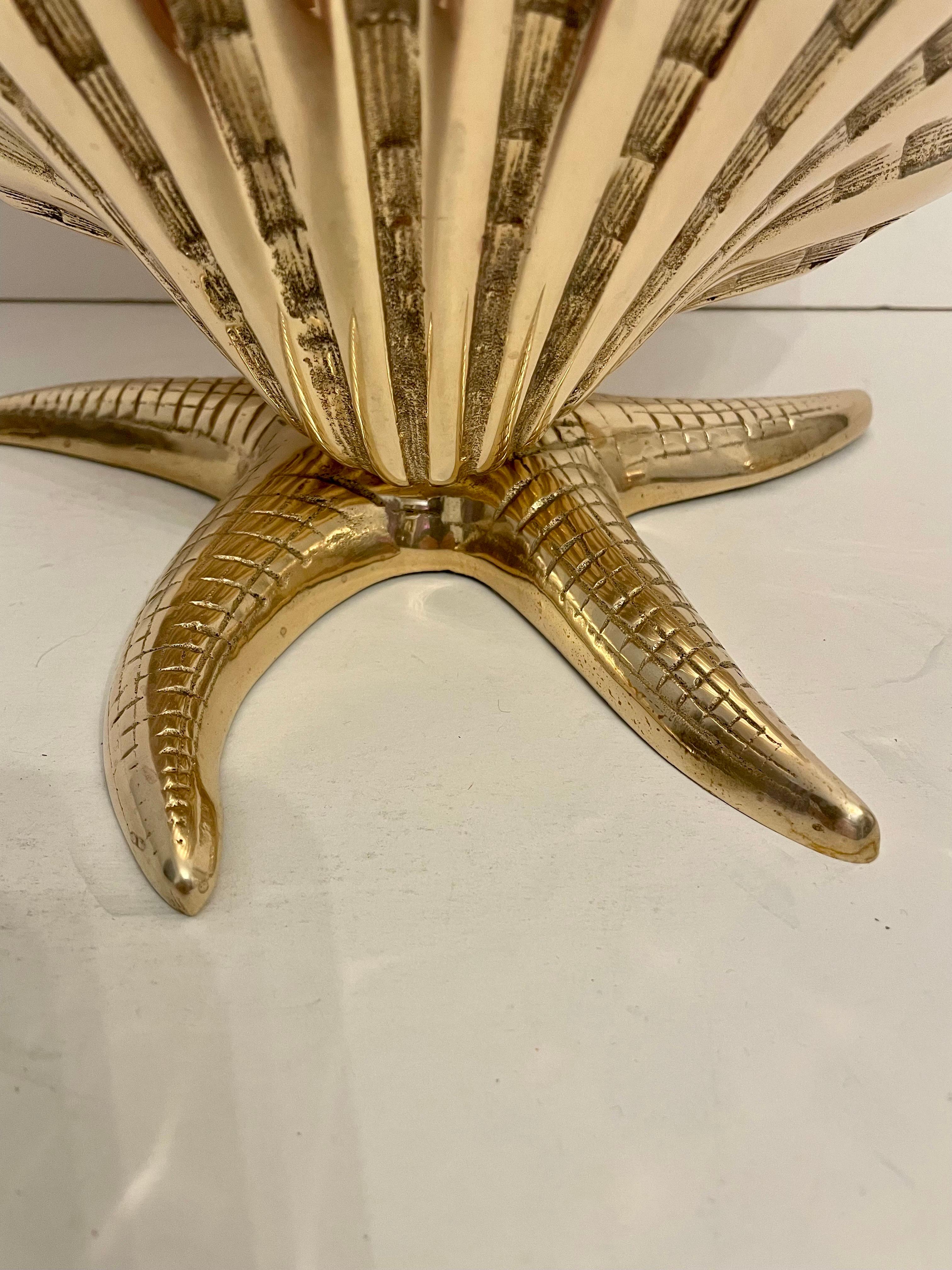 Mid-20th Century Giant Brass Nautical Clam Shell Seashell on Starfish Base Planter Sculpture For Sale