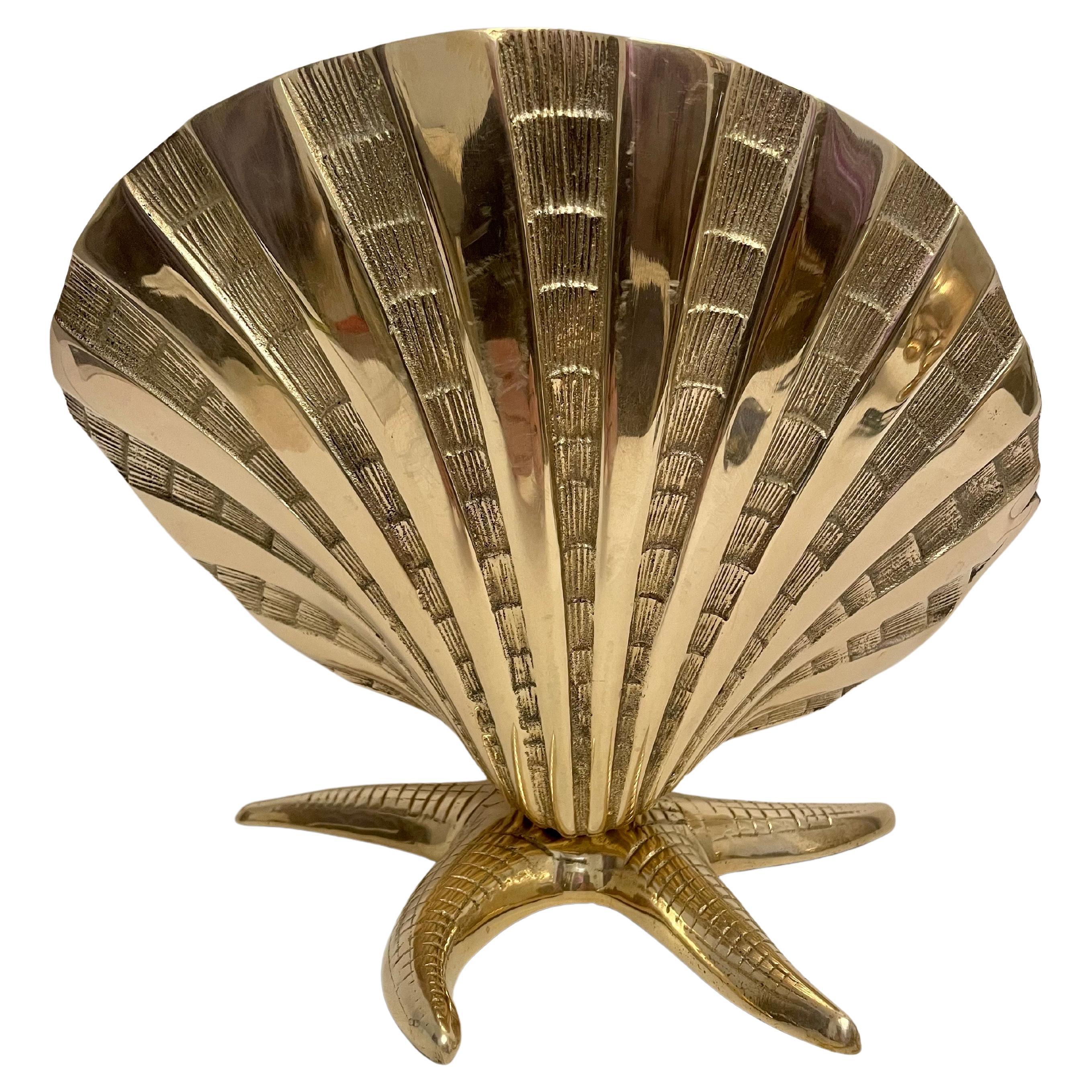 Giant Brass Nautical Clam Shell Seashell on Starfish Base Planter Sculpture For Sale