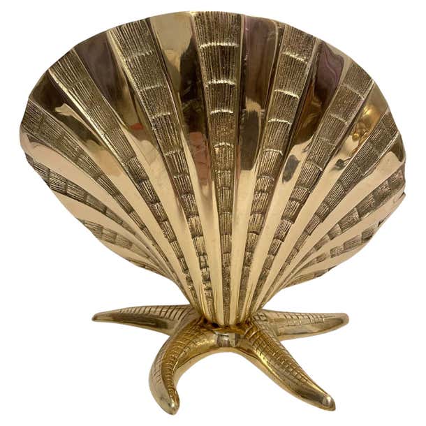 Notical Shell Giant Brass Nautical Clam Shell Seashell on Starfish Base Planter ...