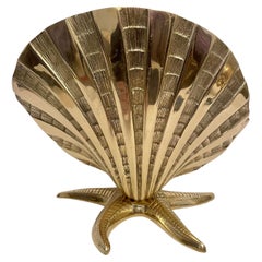 Giant Brass Nautical Clam Shell Seashell on Starfish Base Planter Sculpture
