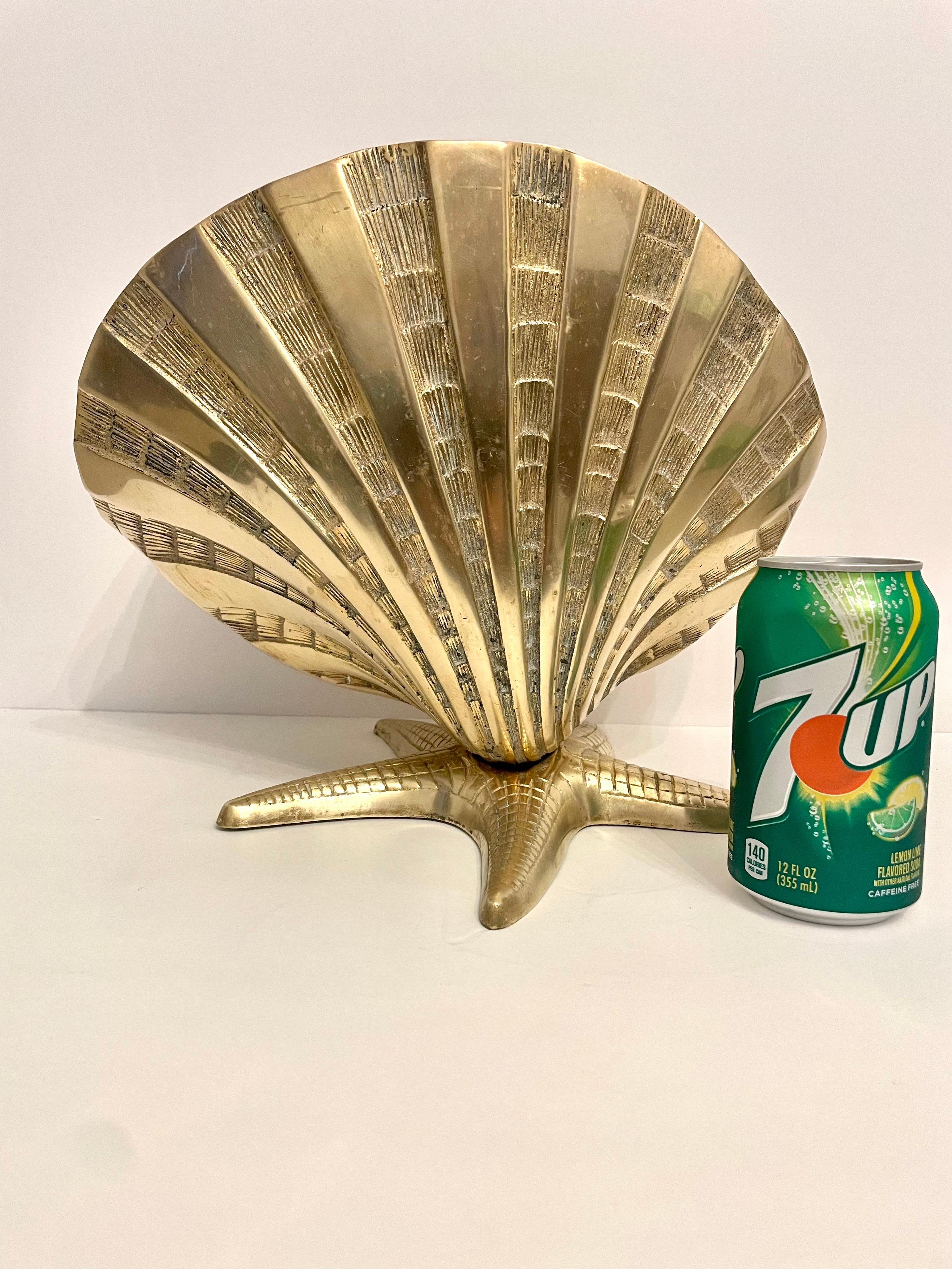 Giant Brass Nautical Clam Shell Seashell on Starfish Base Sculpture 1