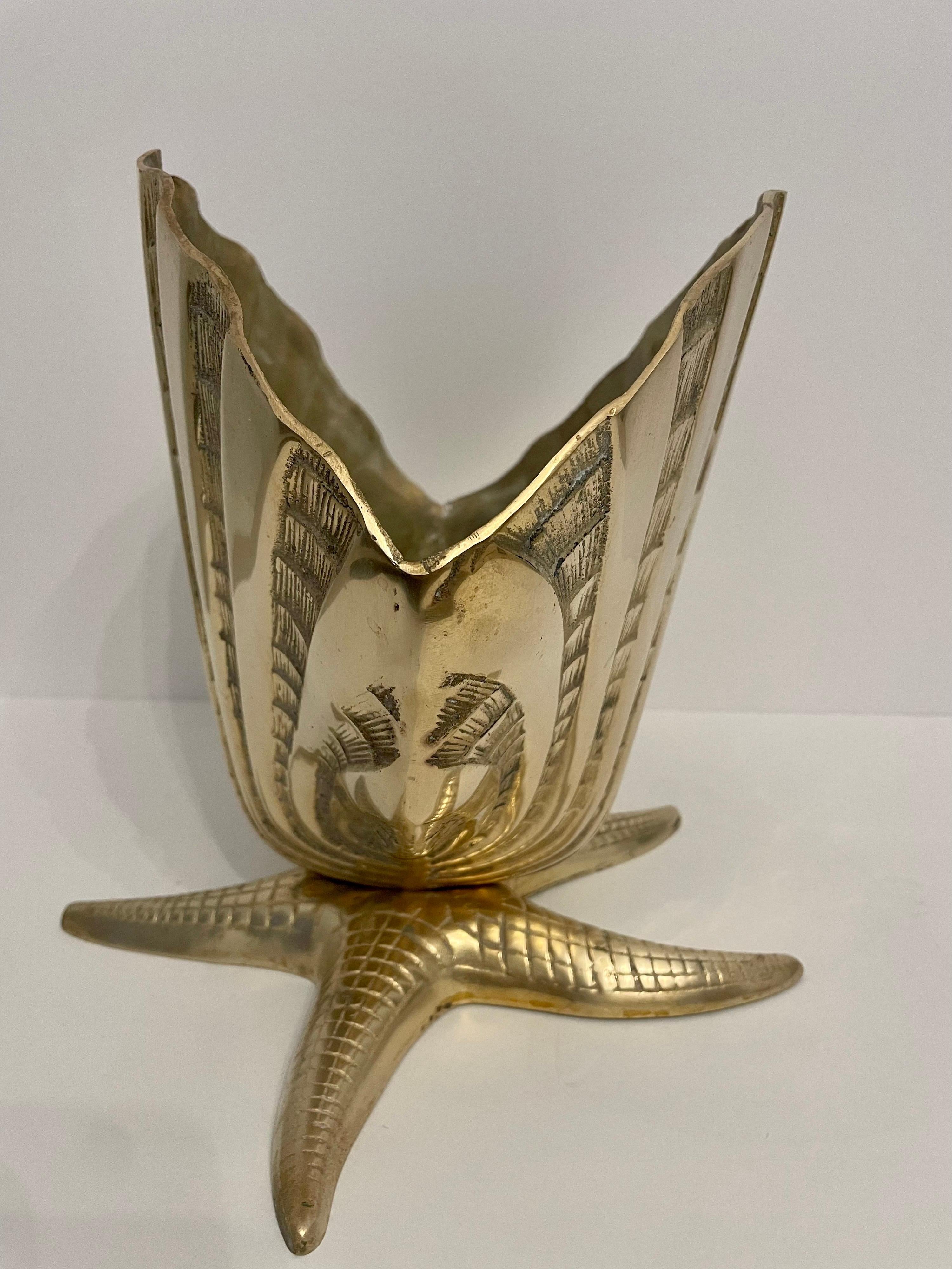 Mid-20th Century Giant Brass Nautical Clam Shell Seashell on Starfish Base Sculpture