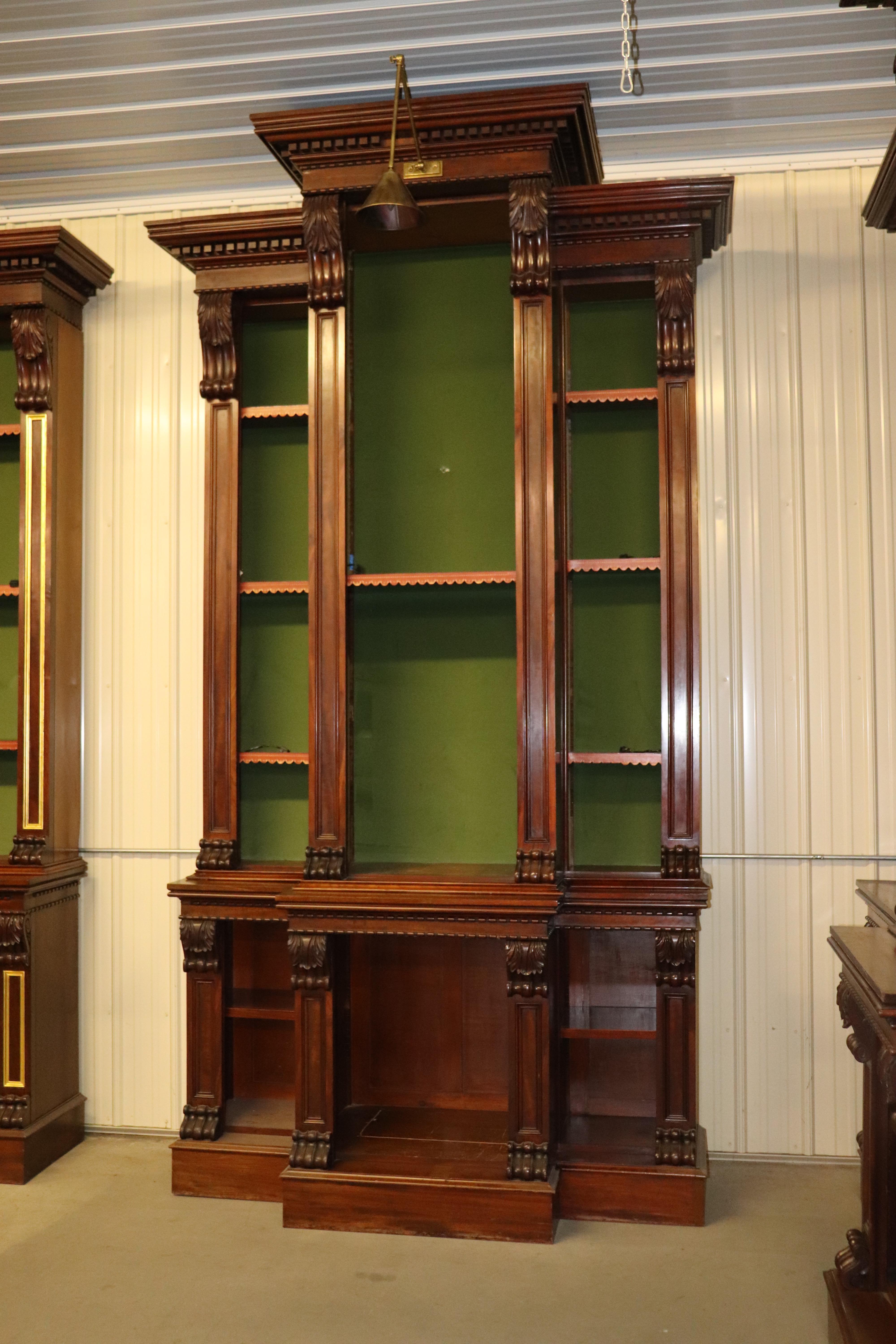 Late Victorian Giant Carved Walnut Victorian Tall Bookcase Bookshelf, circa 1890s
