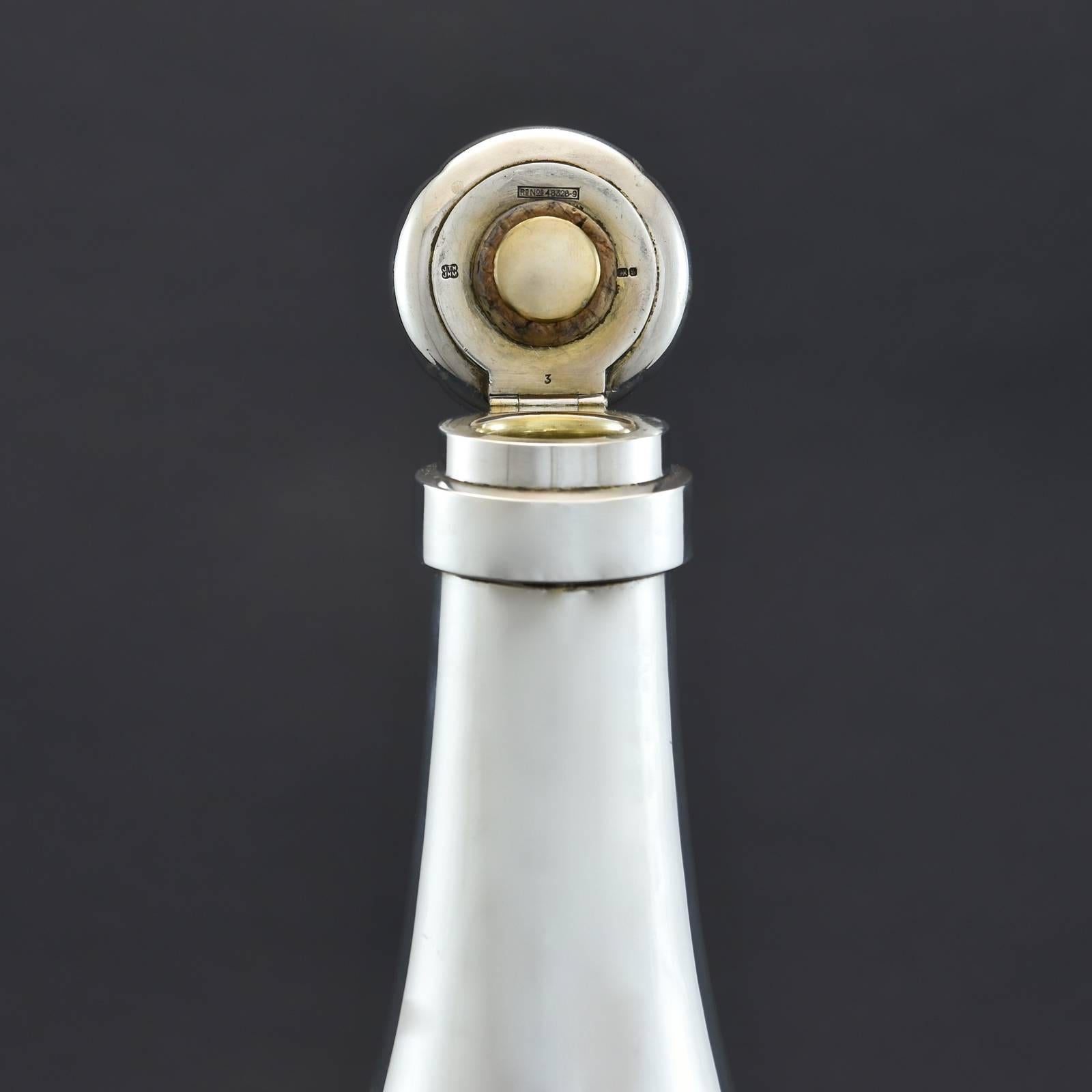British Giant Champagne Bottle Decanter with Sterling Silver Top, Hallmarked, 1892 For Sale