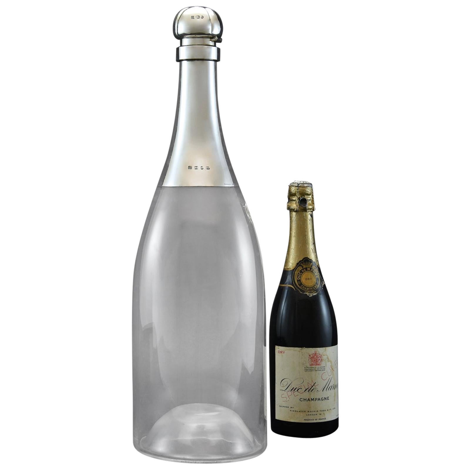 Giant Champagne Bottle Decanter with Sterling Silver Top, Hallmarked, 1892