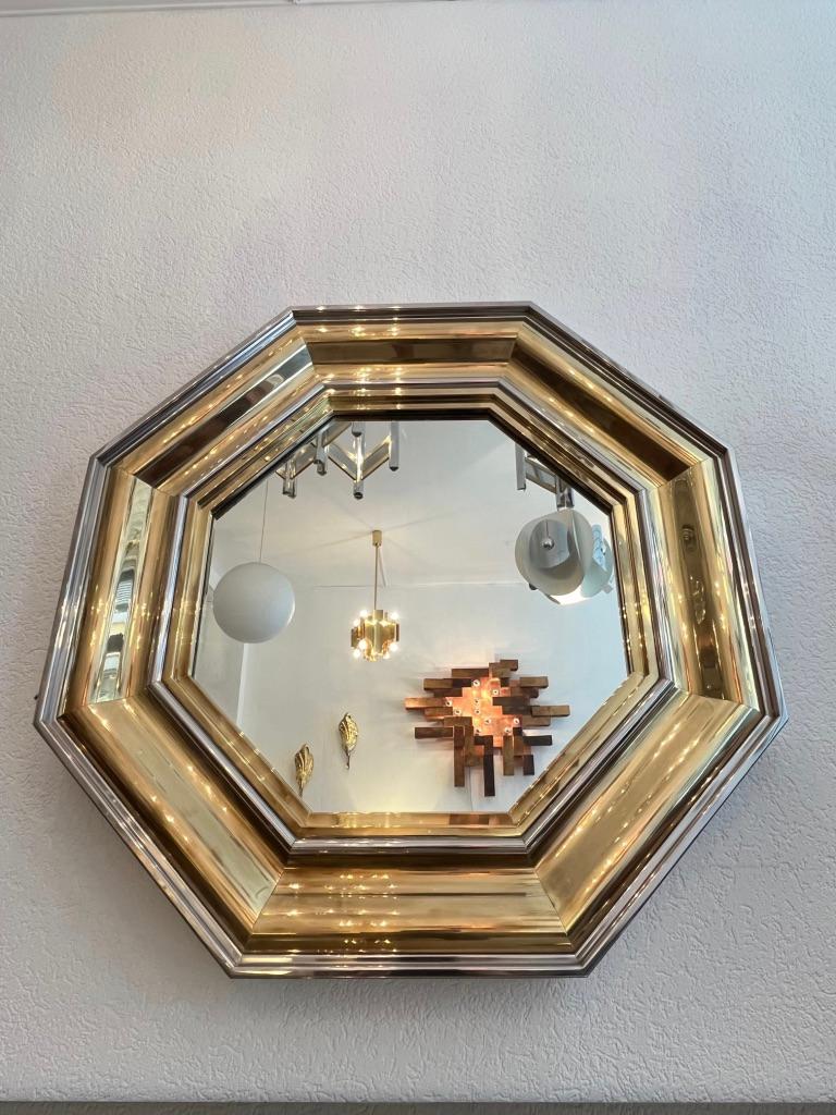 French Giant Chrome & Brass Octagonal Wall Mirror by Michel Pigneres, France Ca. 1970s