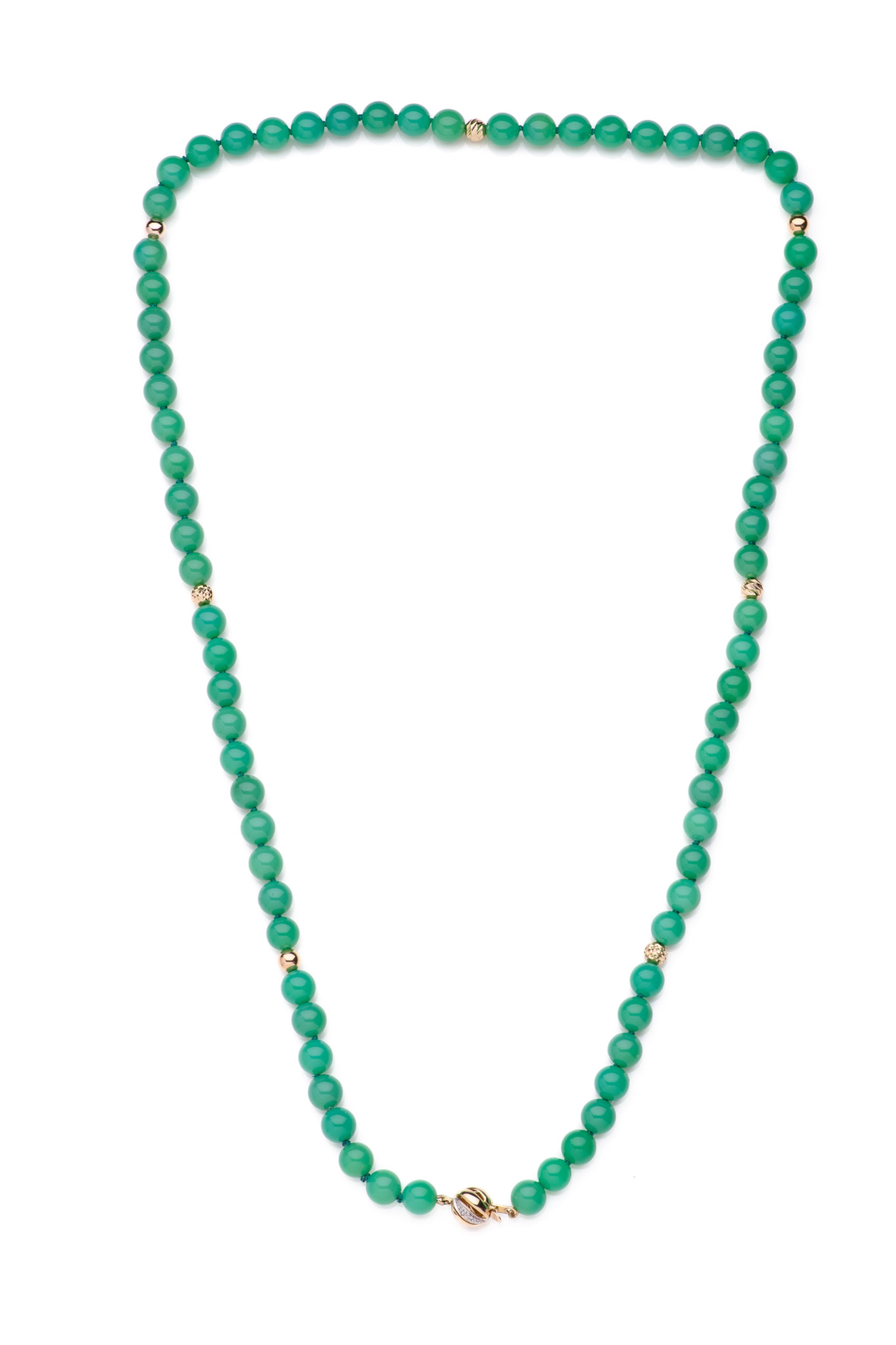 Una collana mozzafiato di crisoprasio verde con accenti d'oro scintillanti

Eleva la tua collezione di gioielli con questa splendida collana di 24 pollici, caratterizzata da vibranti perle di crisoprasio verde mela che irradiano bellezza naturale.