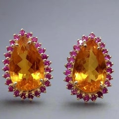 Giant Citrine and Ruby 14K Gold Statement Earrings