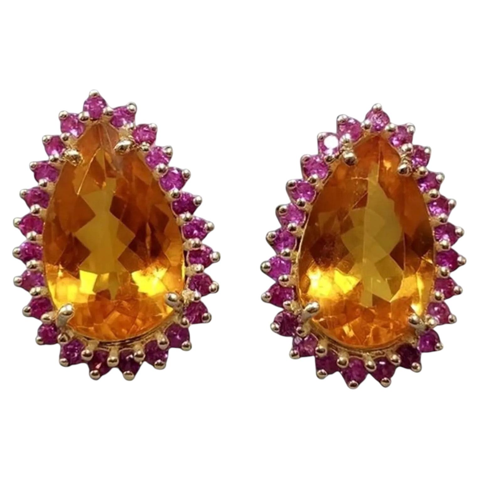 Giant Citrine and Ruby 14K Gold Statement Earrings For Sale