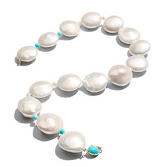 Giant Coin Akoya Pearl & Sleeping Beauty Turquoise 18K Yellow Gold Necklace