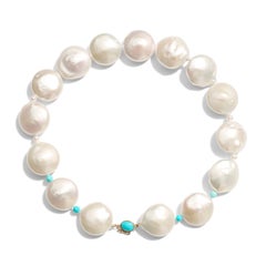 Giant Coin Akoya Pearl & Sleeping Beauty Turquoise 18K Yellow Gold Necklace