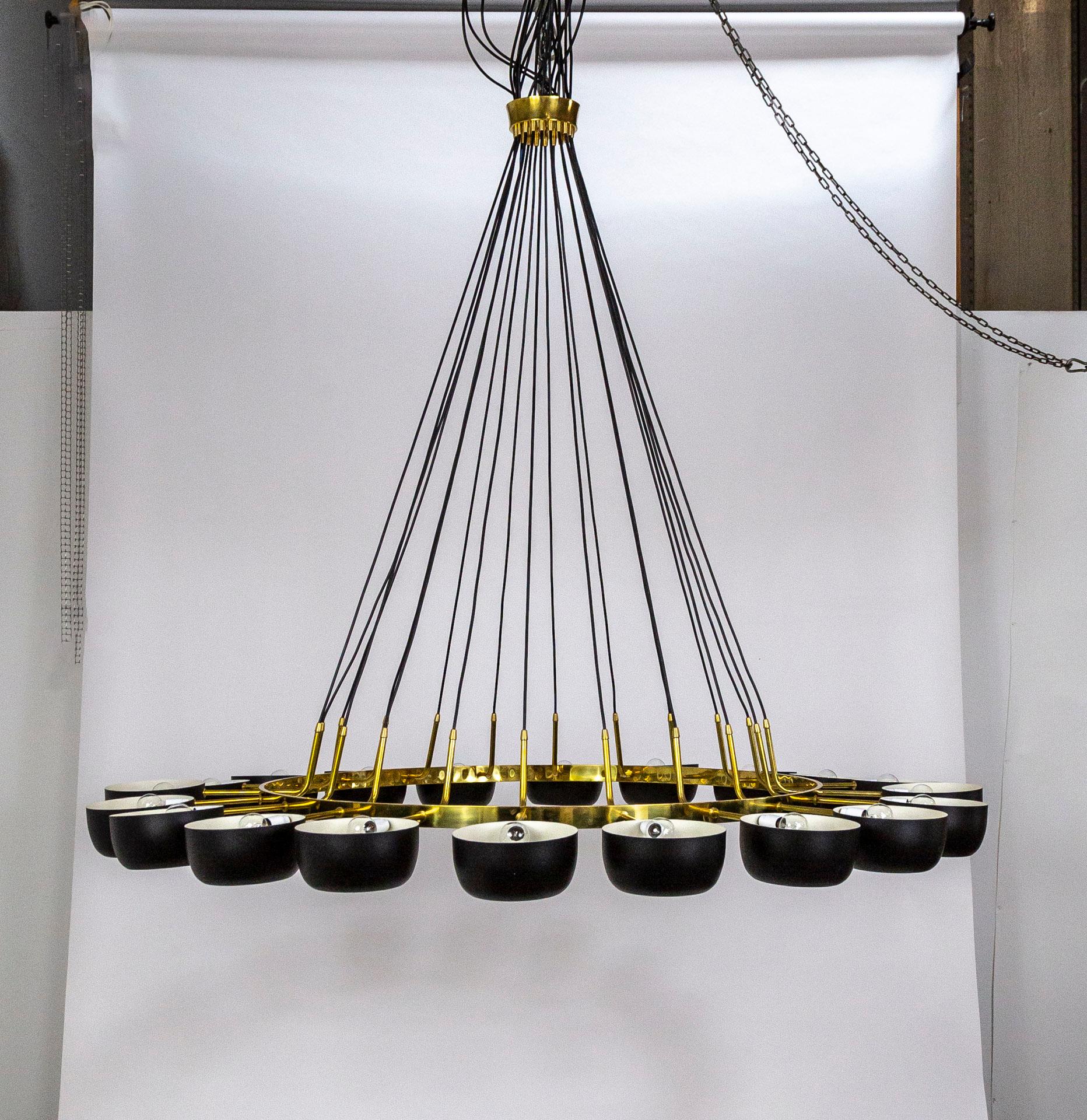 Giant Contemporary Italian 20-Light Ring Chandelier w/ Black Shades In Excellent Condition In San Francisco, CA