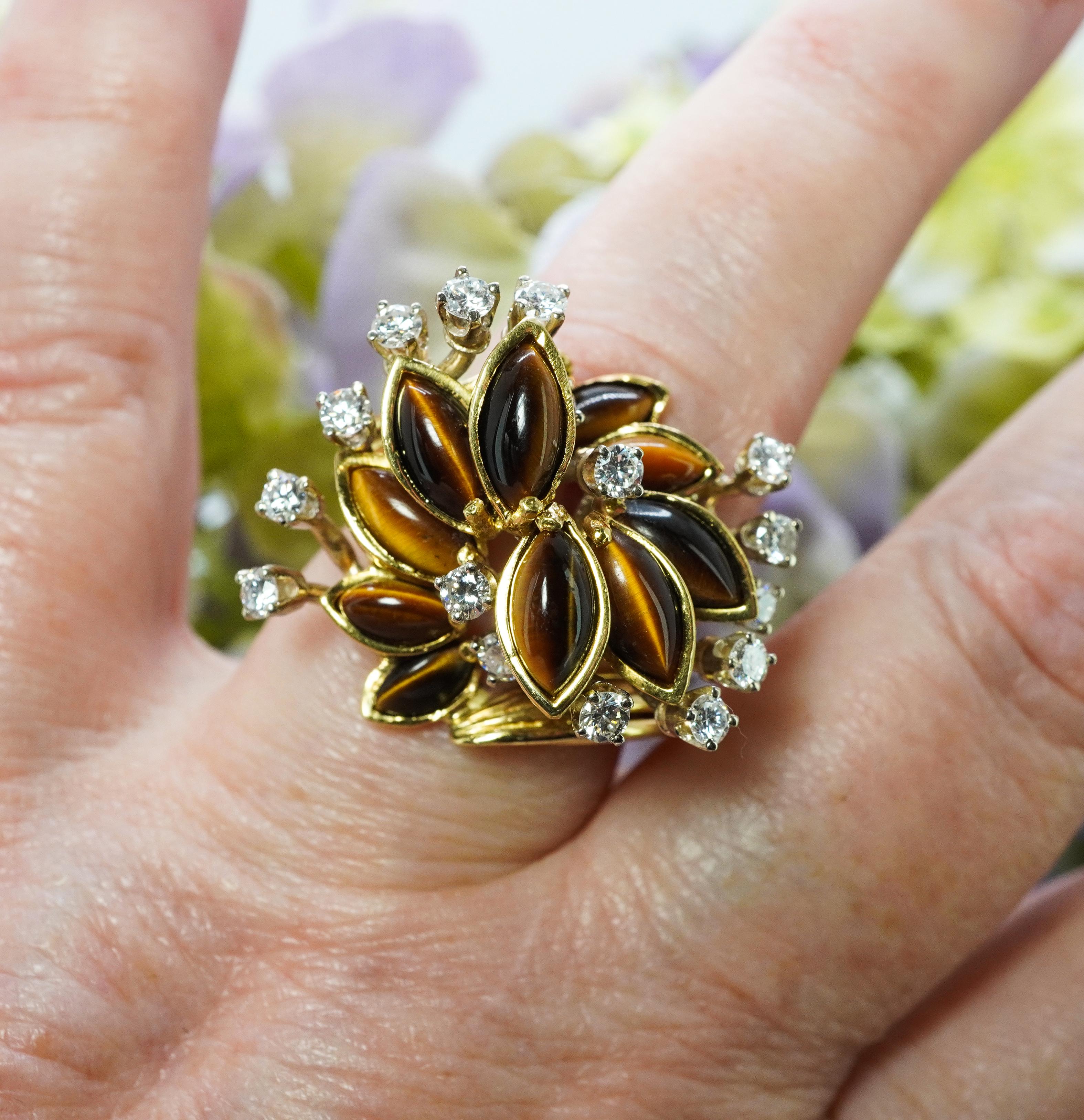 Brilliant Cut Giant Designer Vintage Tiger Eye Diamond Cocktail Ring 18K Gold Estate Signed CR For Sale