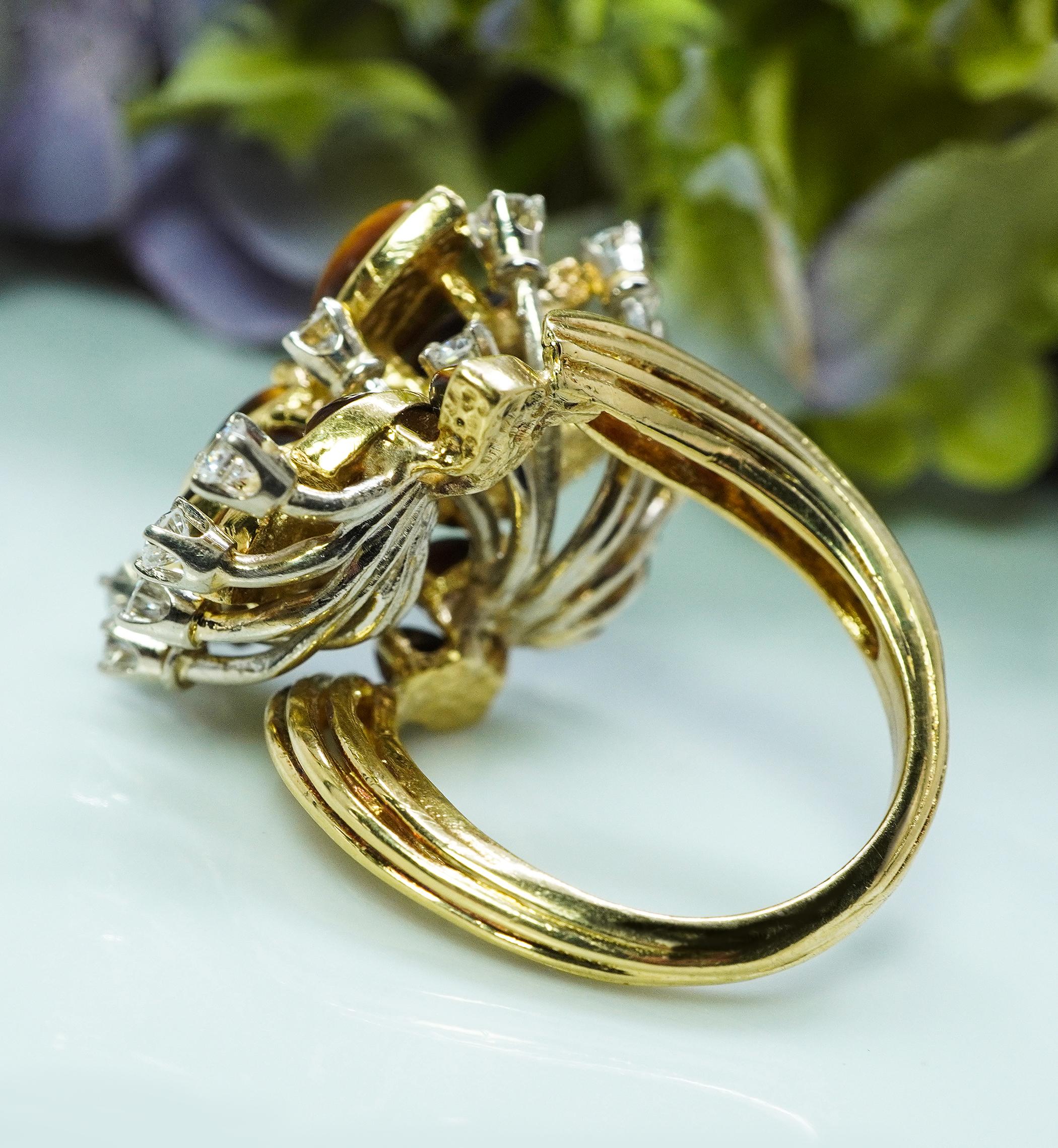 Giant Designer Vintage Tiger Eye Diamond Cocktail Ring 18K Gold Estate Signed CR In Good Condition For Sale In Brambleton, US