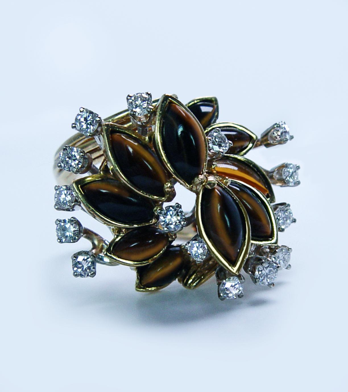 Giant Designer Vintage Tiger Eye Diamond Cocktail Ring 18K Gold Estate Signed CR For Sale 1