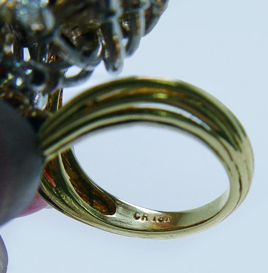 Giant Designer Vintage Tiger Eye Diamond Cocktail Ring 18K Gold Estate Signed CR For Sale 2