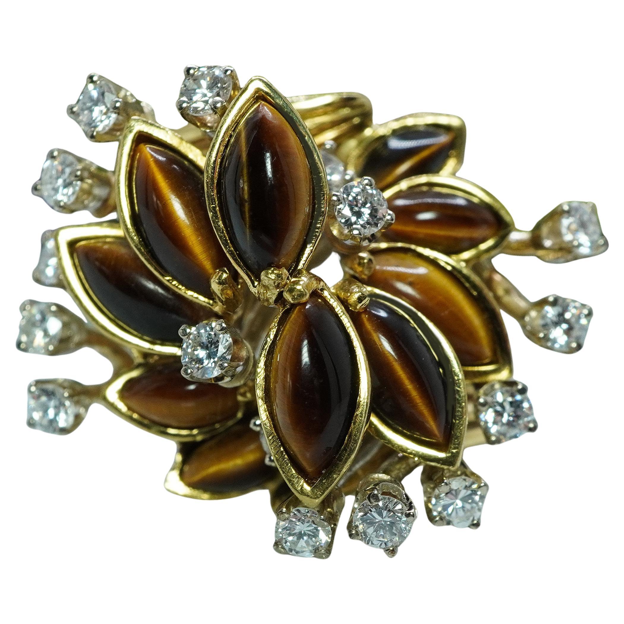 Giant Designer Vintage Tiger Eye Diamond Cocktail Ring 18K Gold Estate Signed CR