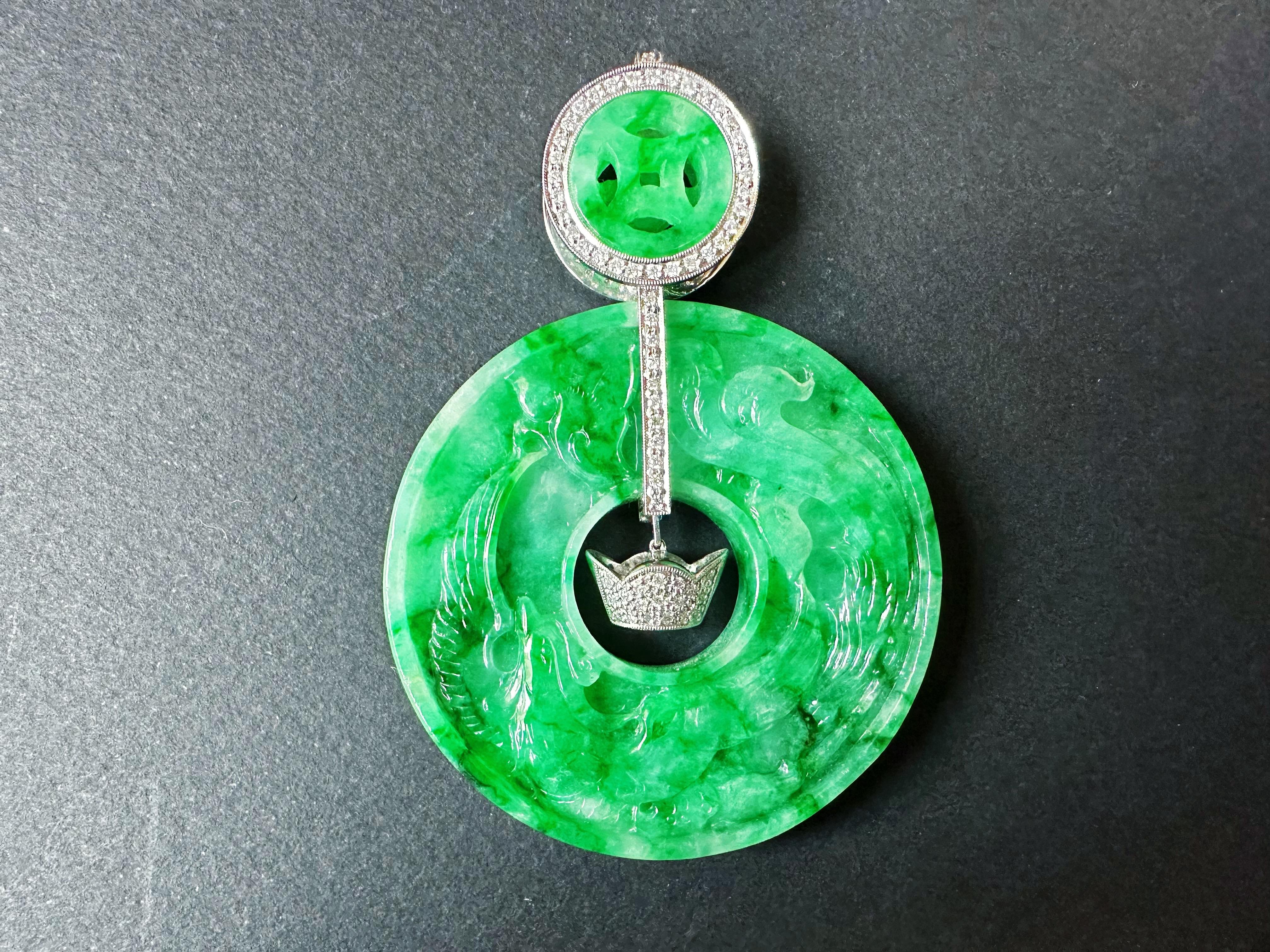Giant Double-Sided Jade Donut Pendant, Hand-Carved Dragon & Phoenix, 18K Gold For Sale 4