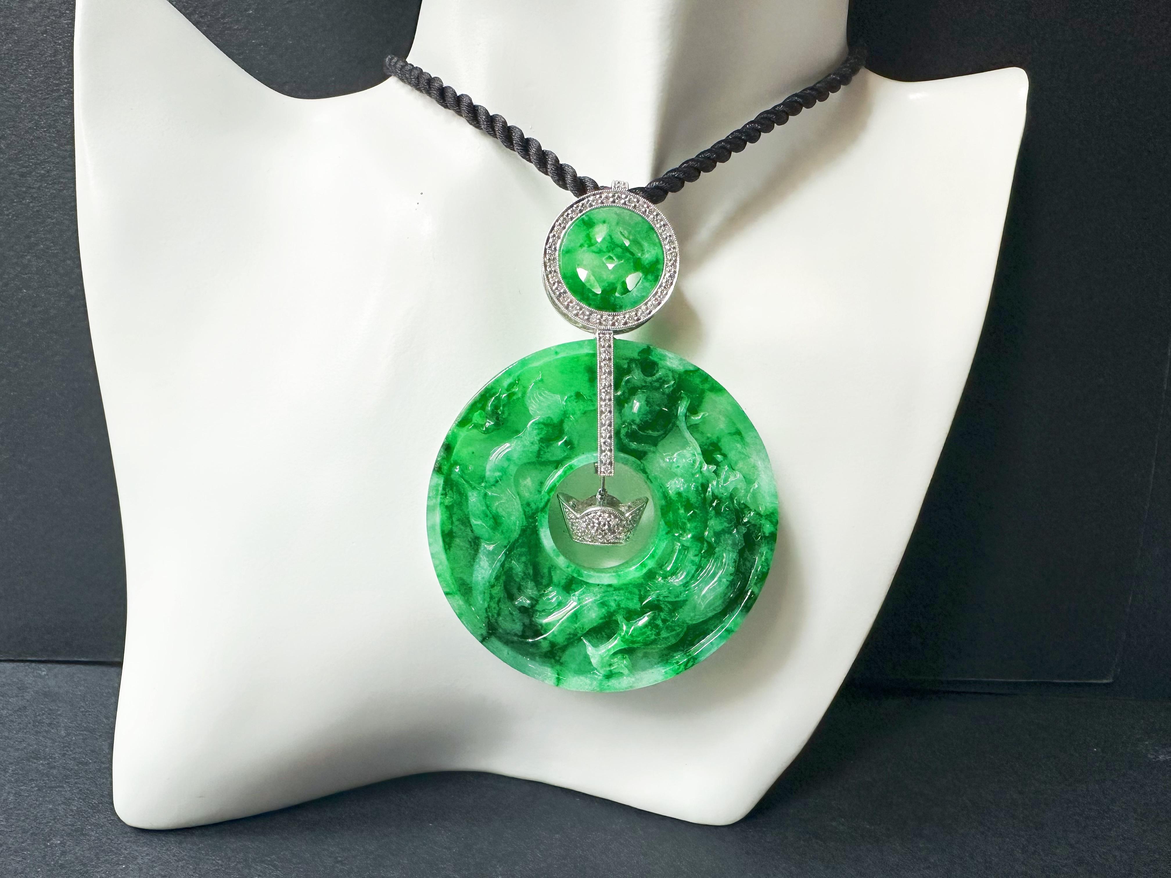 Giant Double-Sided Jade Donut Pendant, Hand-Carved Dragon & Phoenix, 18K Gold For Sale 8