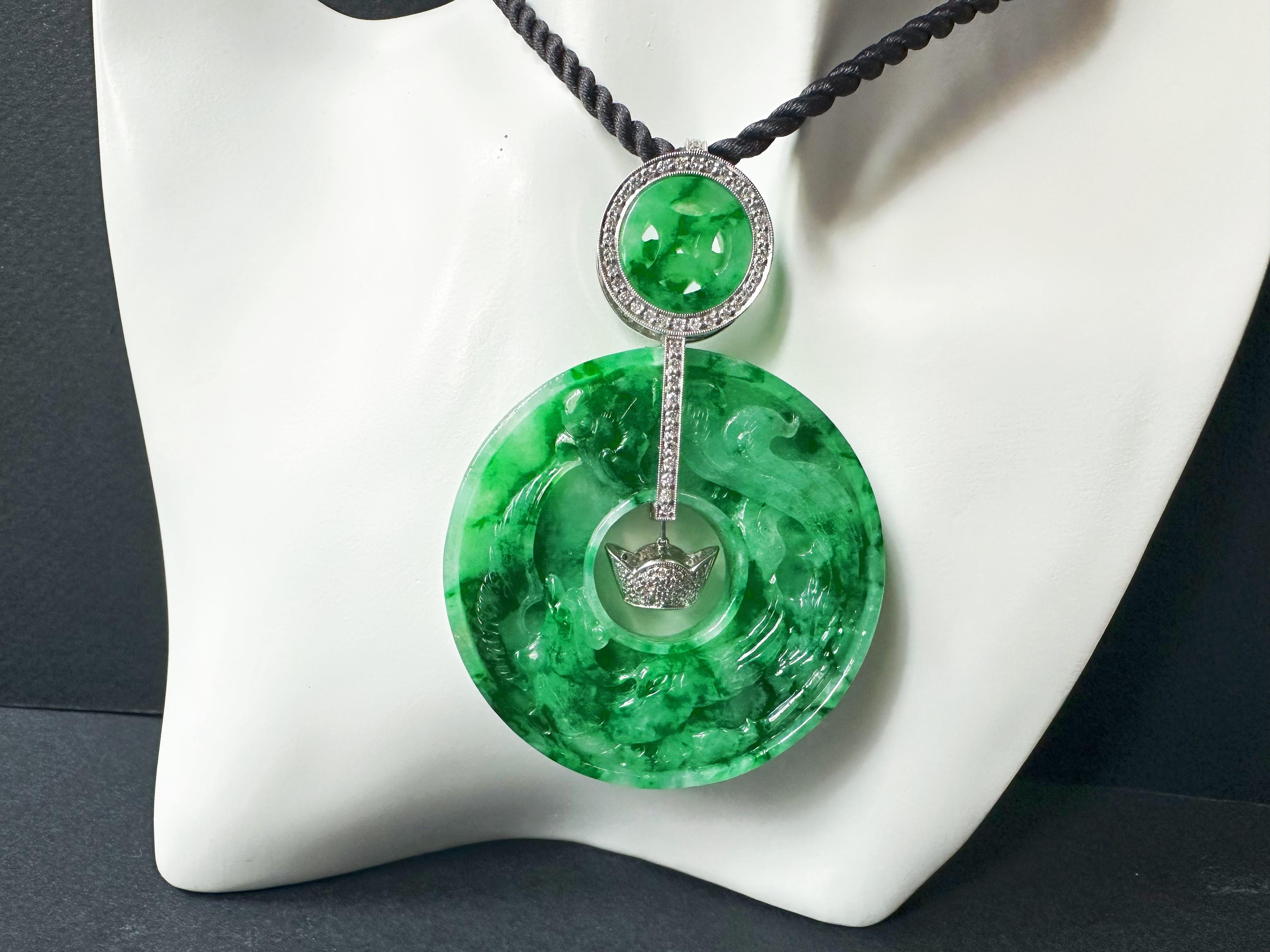 Giant Double-Sided Jade Donut Pendant, Hand-Carved Dragon & Phoenix, 18K Gold For Sale 9