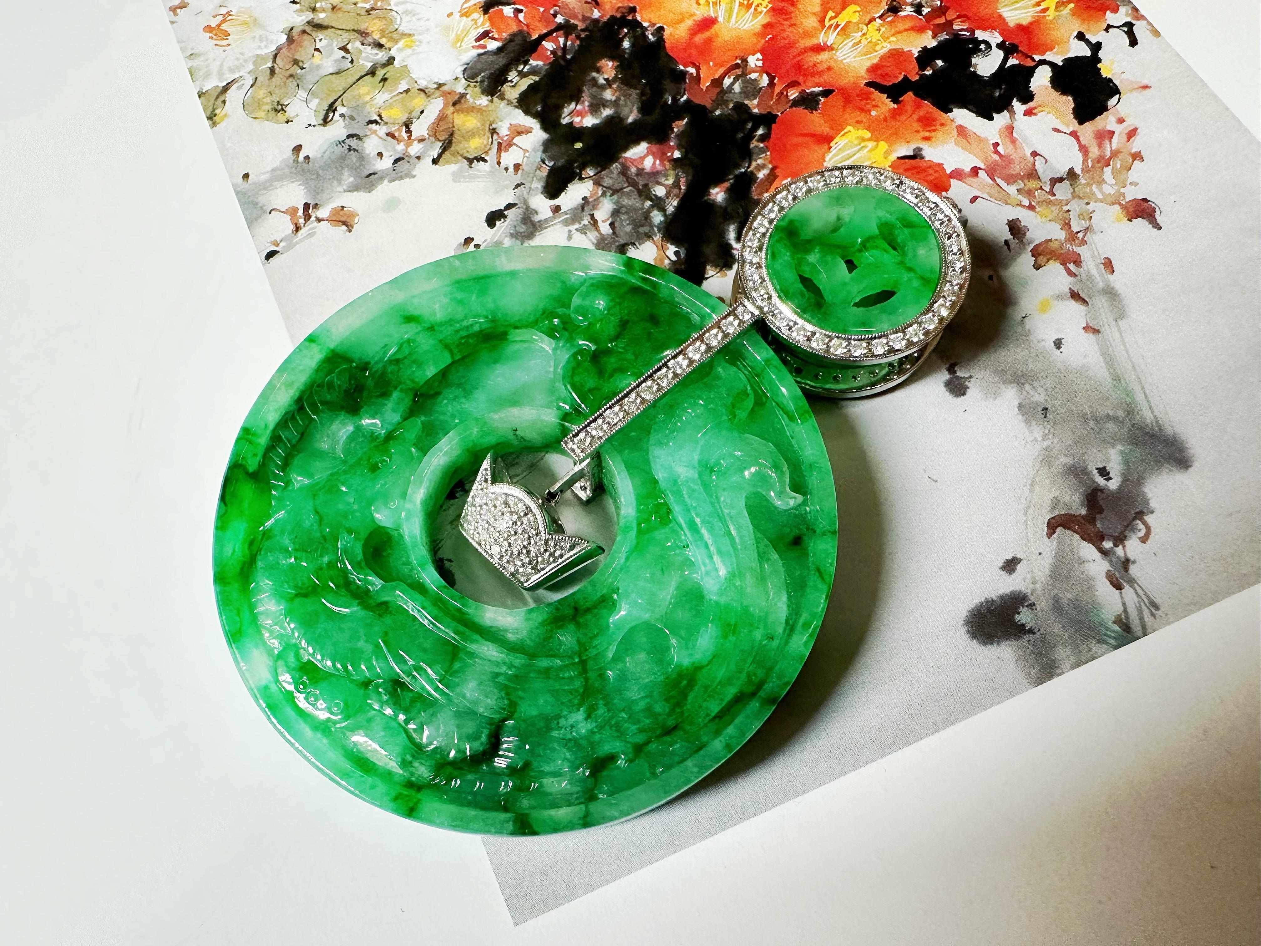 Giant Double-Sided Jade Donut Pendant, Hand-Carved Dragon & Phoenix, 18K Gold For Sale 11
