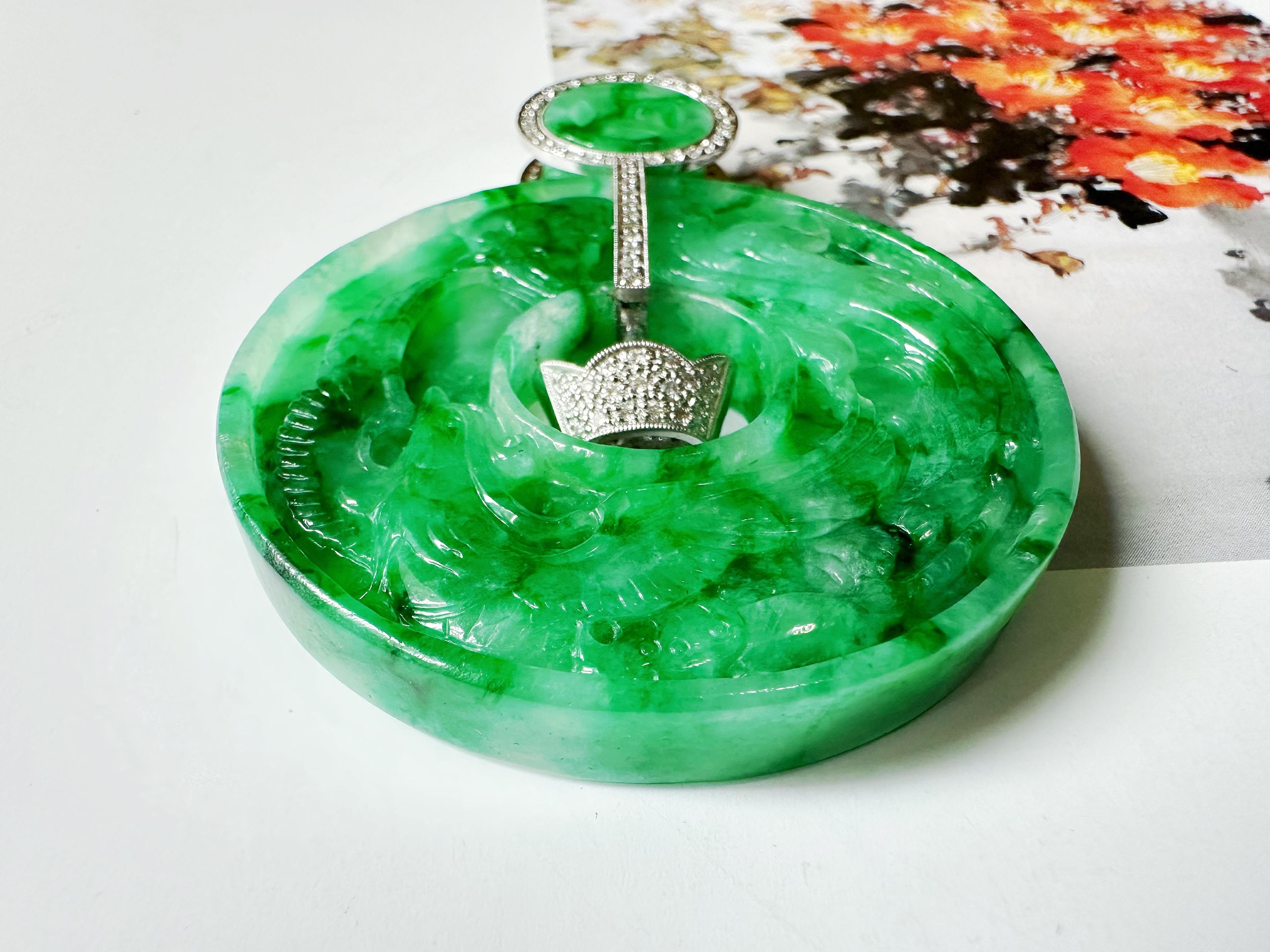 Giant Double-Sided Jade Donut Pendant, Hand-Carved Dragon & Phoenix, 18K Gold For Sale 12