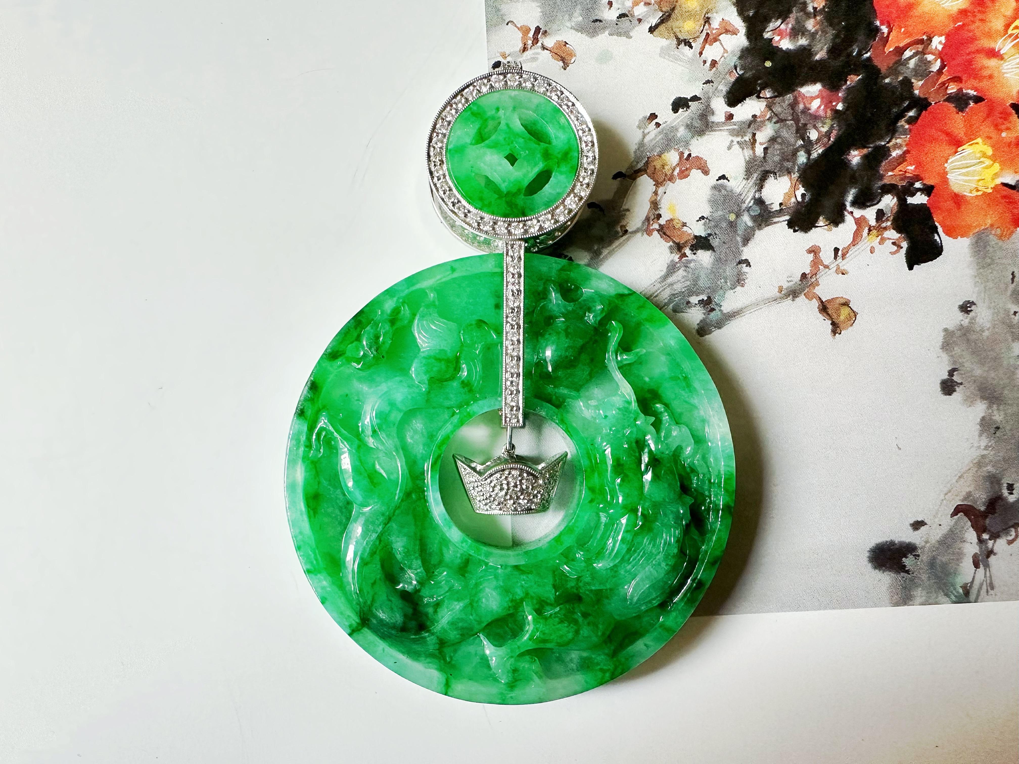 Giant Double-Sided Jade Donut Pendant, Hand-Carved Dragon & Phoenix, 18K Gold For Sale 13
