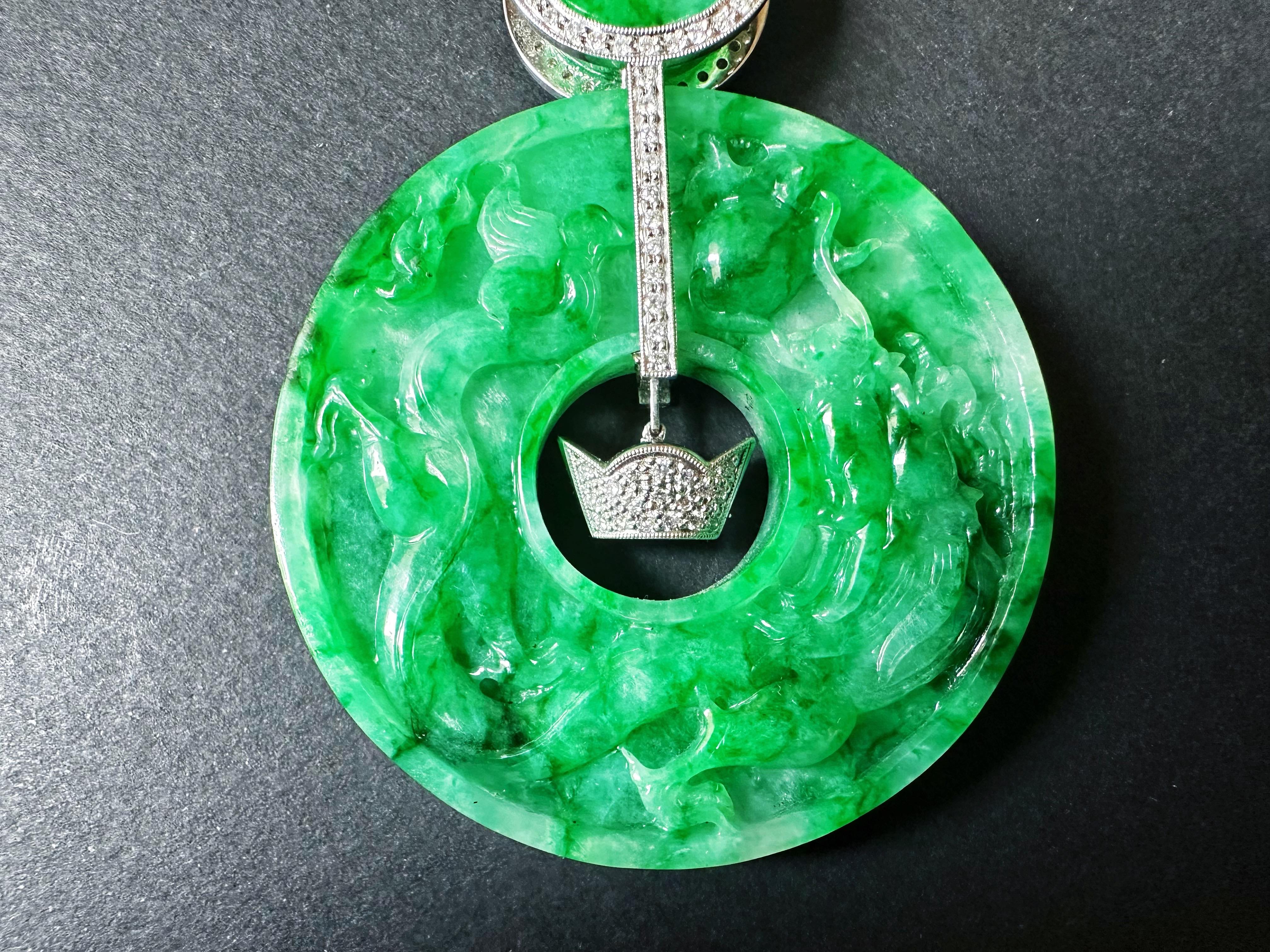 Discover the exquisite beauty of our Giant Double-Sided Jade Donut Pendant, a true masterpiece of artisan craftsmanship. This unique pendant features intricate carvings on each side: one showcasing a majestic dragon, a symbol of strength and power,