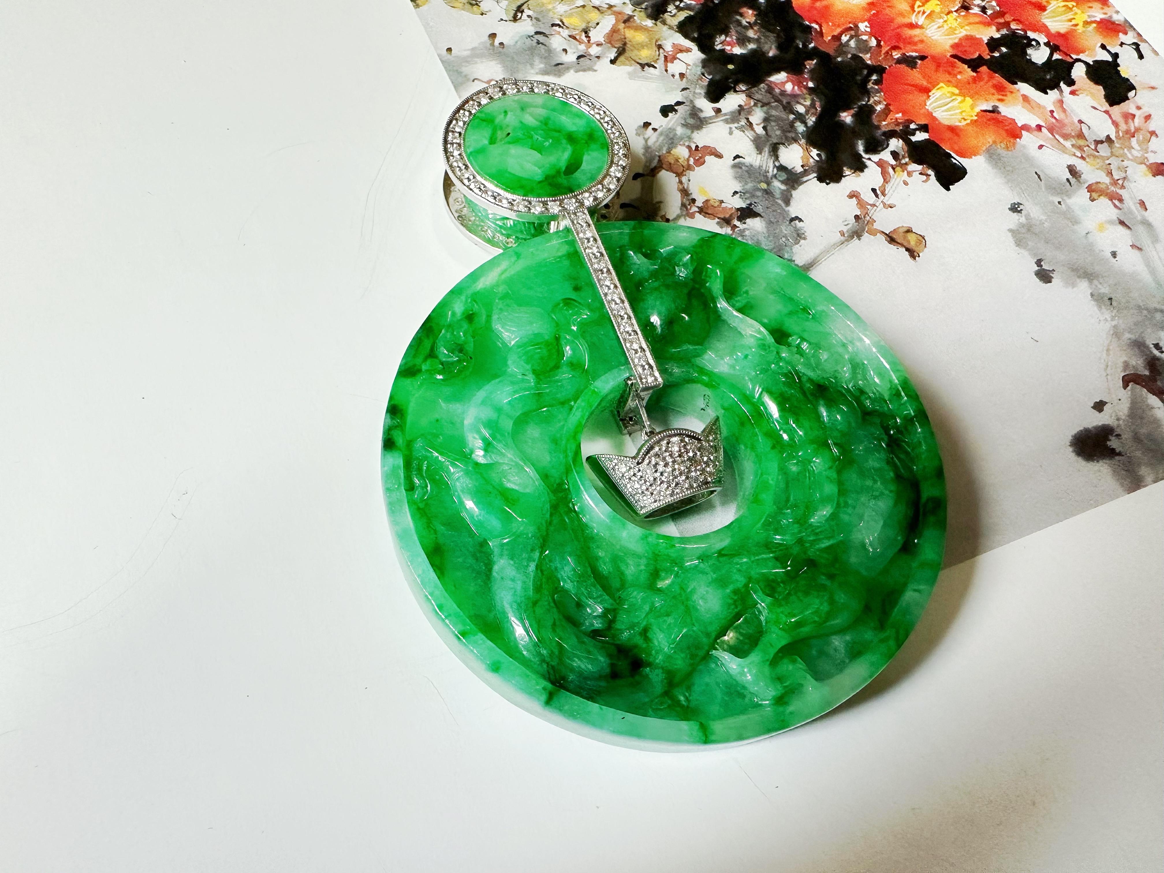 Giant Double-Sided Jade Donut Pendant, Hand-Carved Dragon & Phoenix, 18K Gold For Sale 14