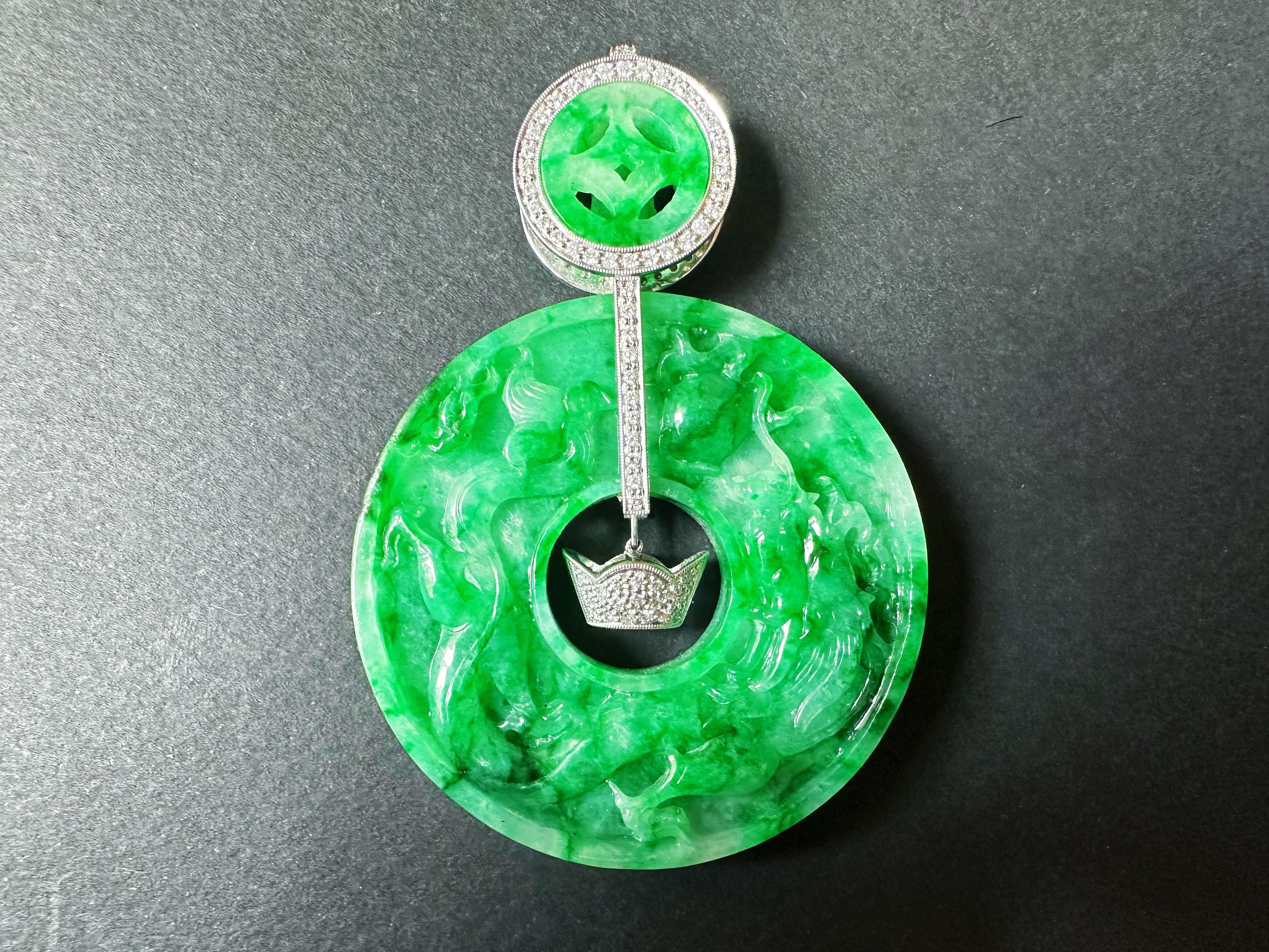 Artisan Giant Double-Sided Jade Donut Pendant, Hand-Carved Dragon & Phoenix, 18K Gold For Sale