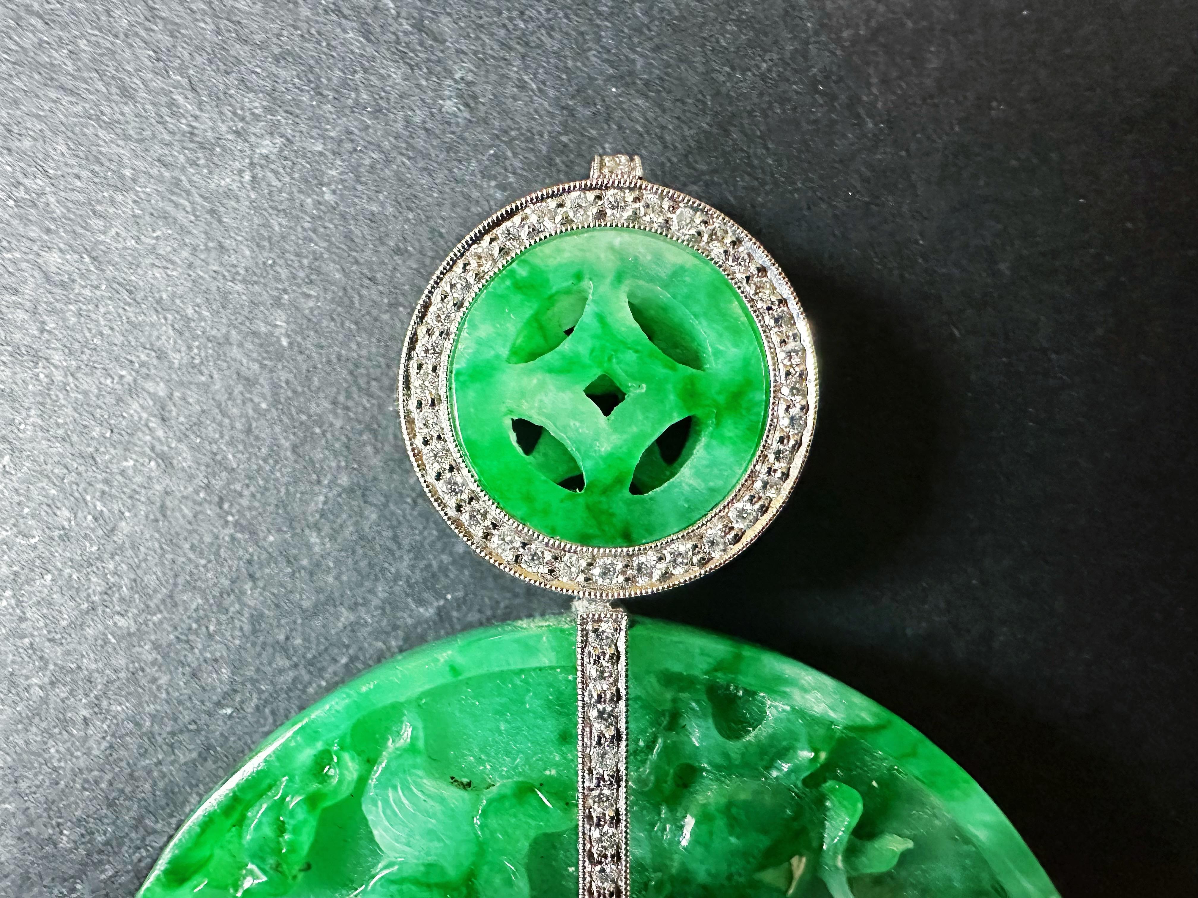 Round Cut Giant Double-Sided Jade Donut Pendant, Hand-Carved Dragon & Phoenix, 18K Gold For Sale