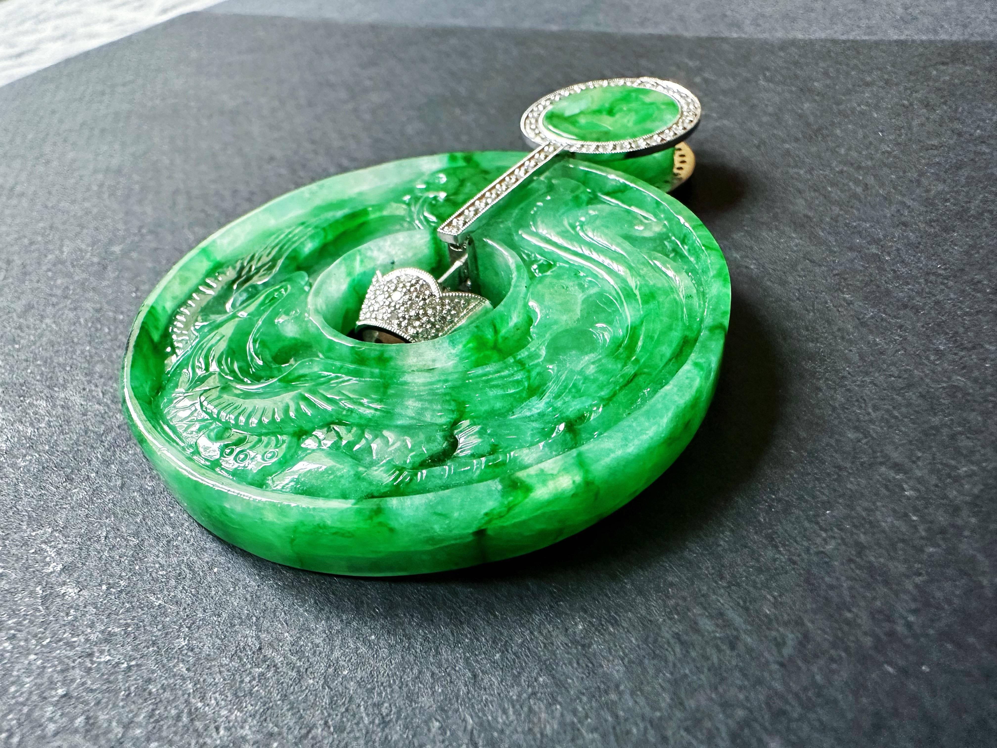Women's or Men's Giant Double-Sided Jade Donut Pendant, Hand-Carved Dragon & Phoenix, 18K Gold For Sale