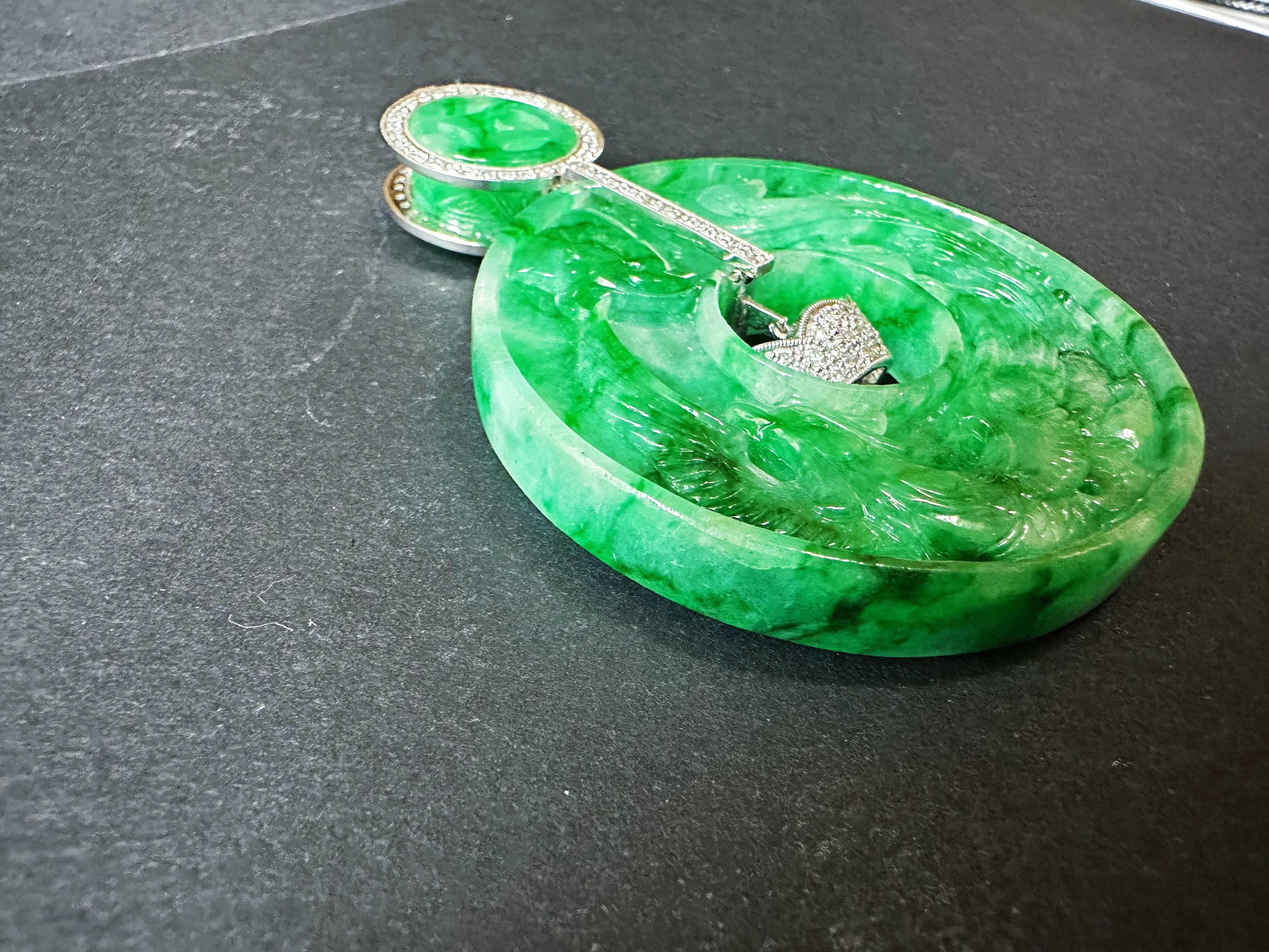 Giant Double-Sided Jade Donut Pendant, Hand-Carved Dragon & Phoenix, 18K Gold For Sale 1
