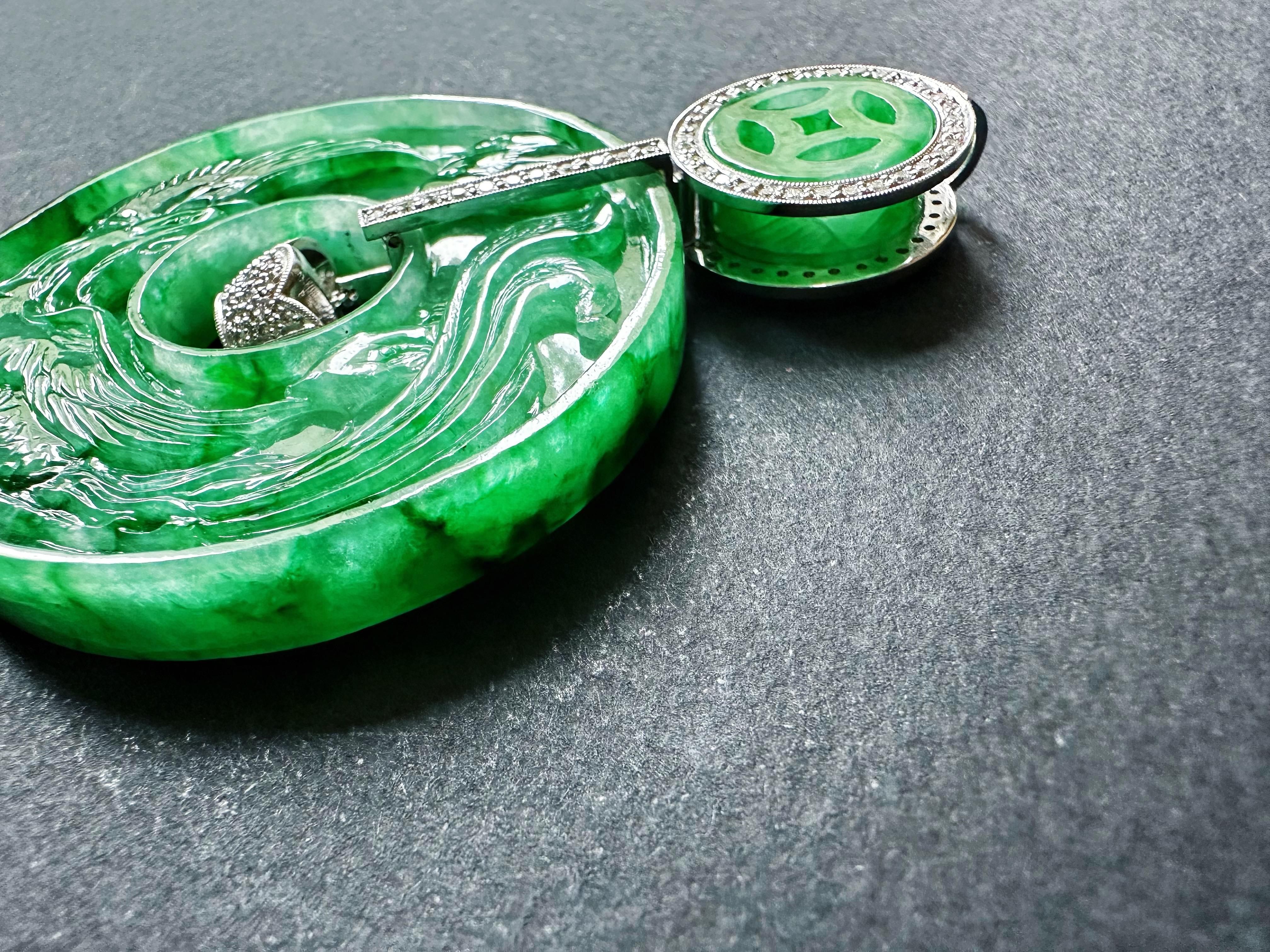 Giant Double-Sided Jade Donut Pendant, Hand-Carved Dragon & Phoenix, 18K Gold For Sale 2