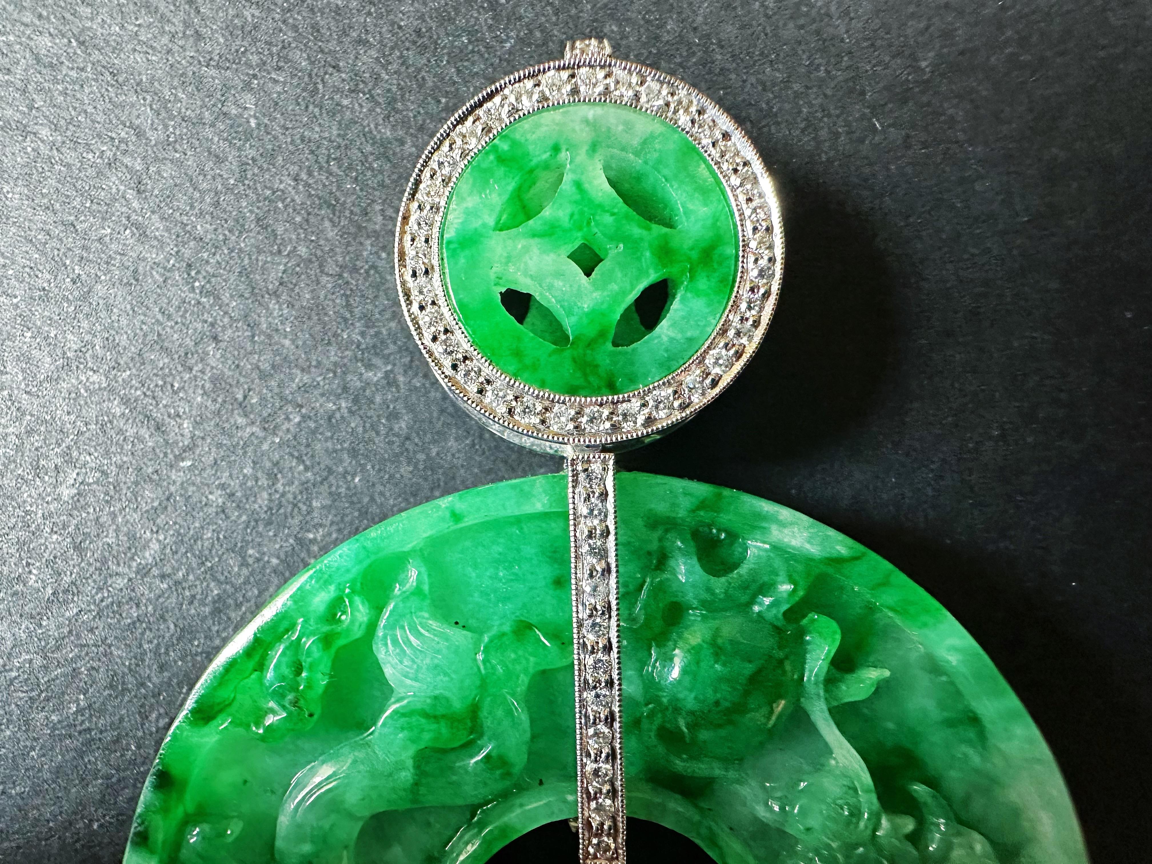 Giant Double-Sided Jade Donut Pendant, Hand-Carved Dragon & Phoenix, 18K Gold For Sale 3