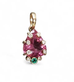Collier pendentif en or 14K avec émeraude géante, diamant et tourmaline
