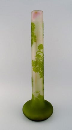 Giant Emile Gallé Vase in Frosted and Green Art Glass with Motifs of Foliage