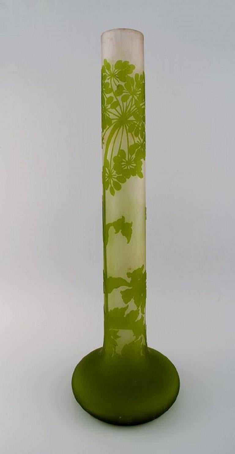 Art Nouveau Giant Emile Gallé Vase in Frosted and Green Art Glass with Motifs of Foliage For Sale