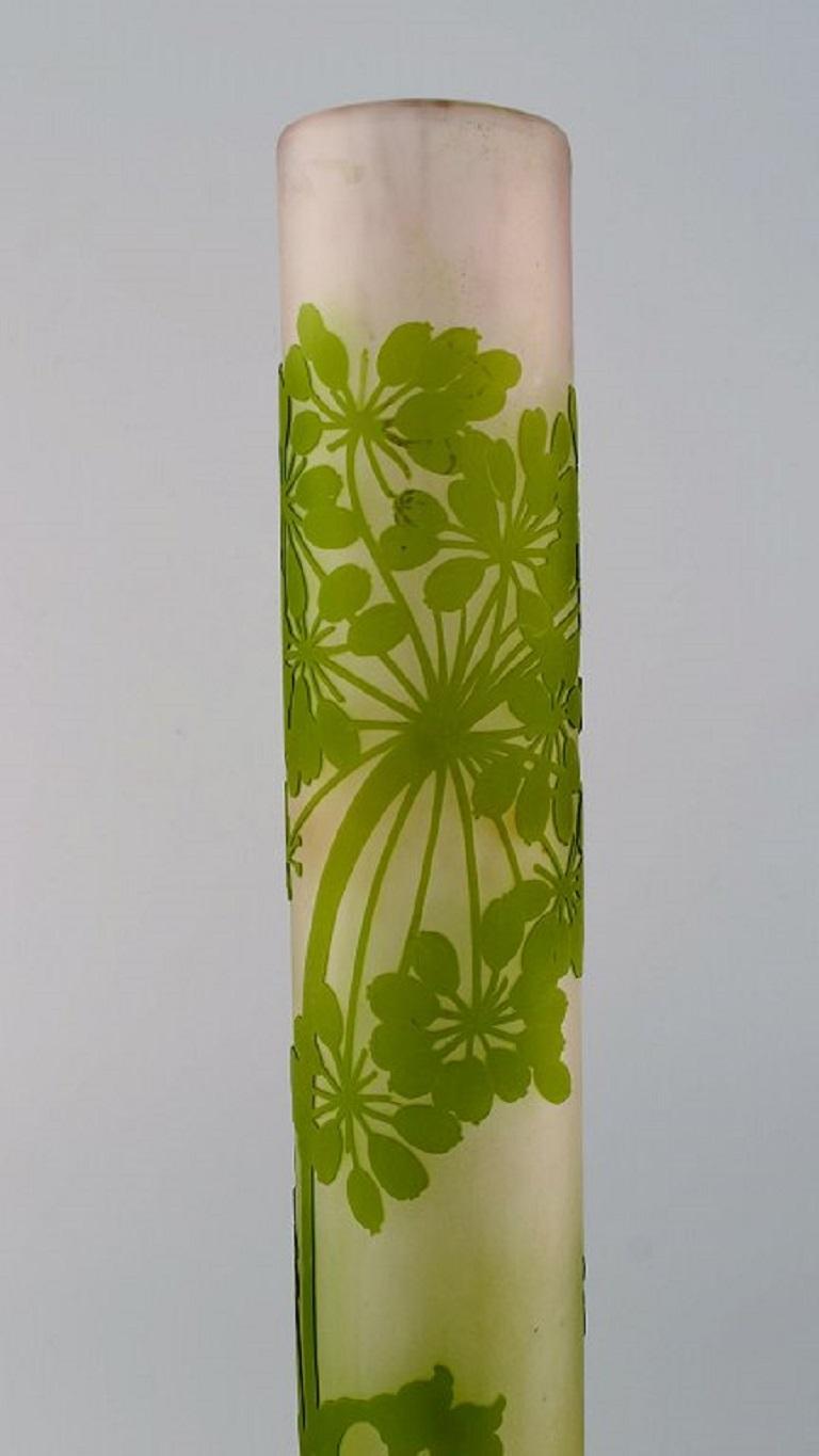 Etched Giant Emile Gallé Vase in Frosted and Green Art Glass with Motifs of Foliage For Sale