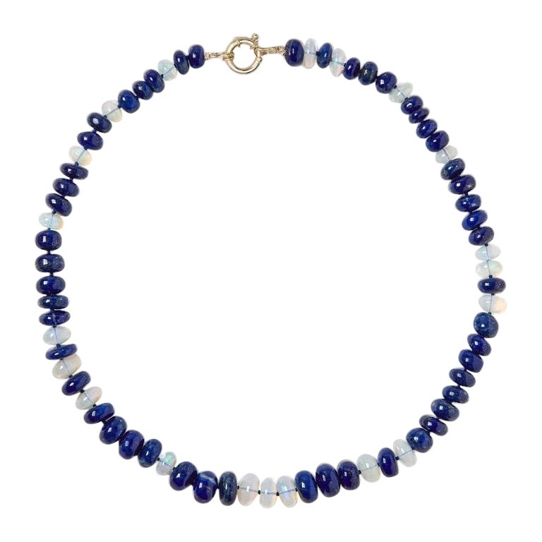 Giant Ethiopian Opal and Lapis Beaded 14K Statement Necklace For Sale