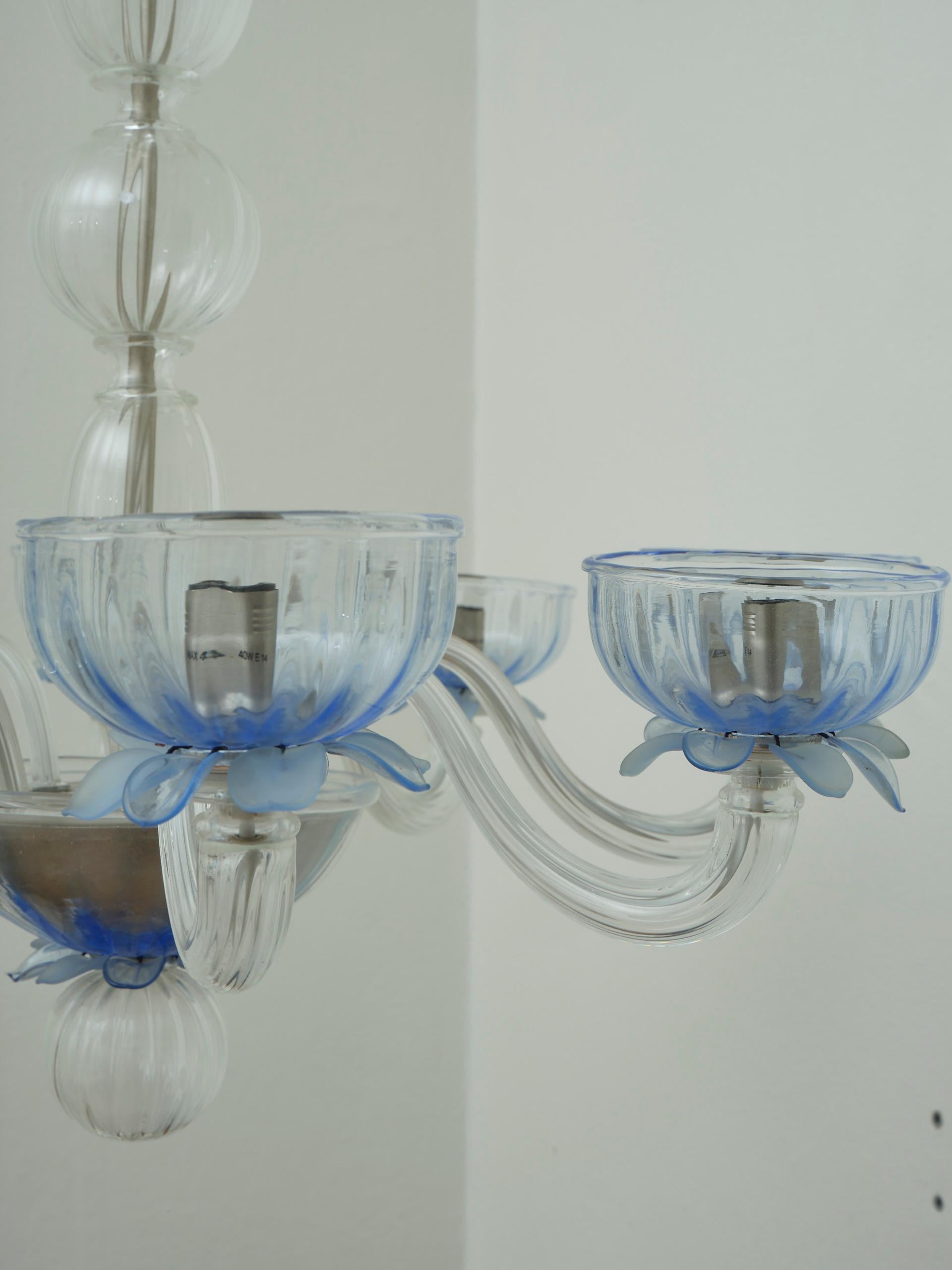 Giant European glass chandelier 8 arms blue details in the style of Murano For Sale 4