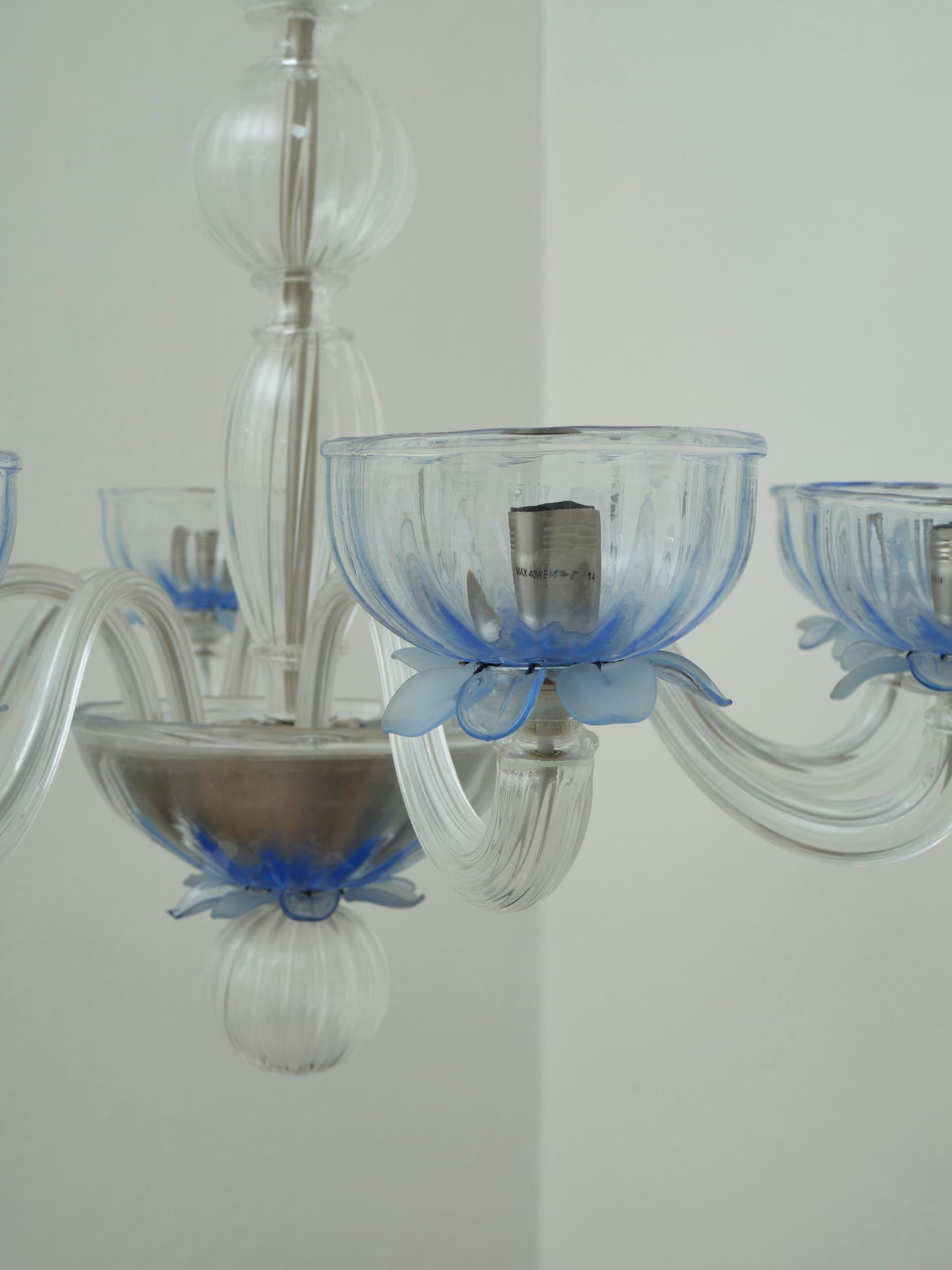 Giant European glass chandelier 8 arms blue details in the style of Murano For Sale 5