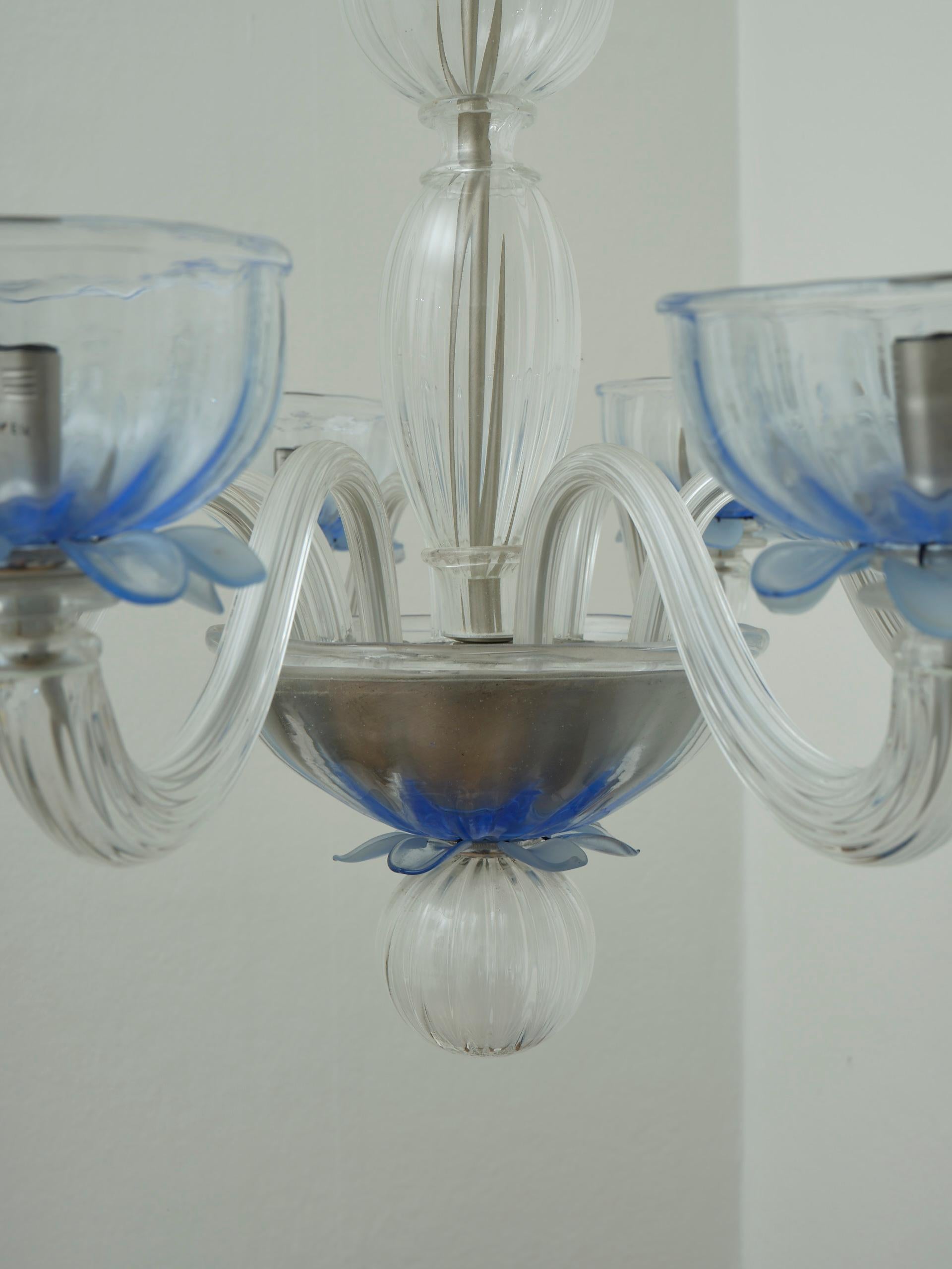 Metal Giant European glass chandelier 8 arms blue details in the style of Murano For Sale