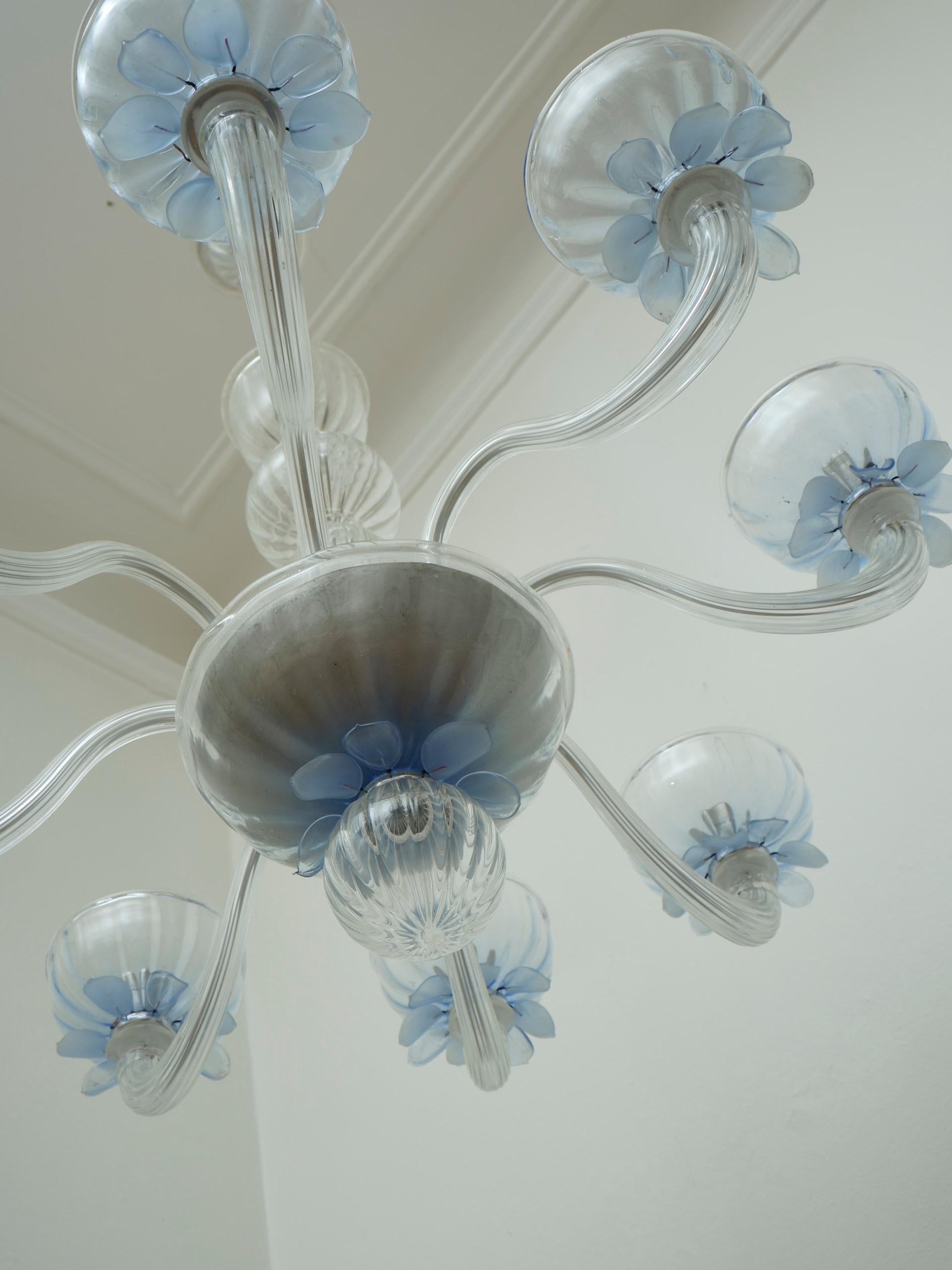 Giant European glass chandelier 8 arms blue details in the style of Murano For Sale 1