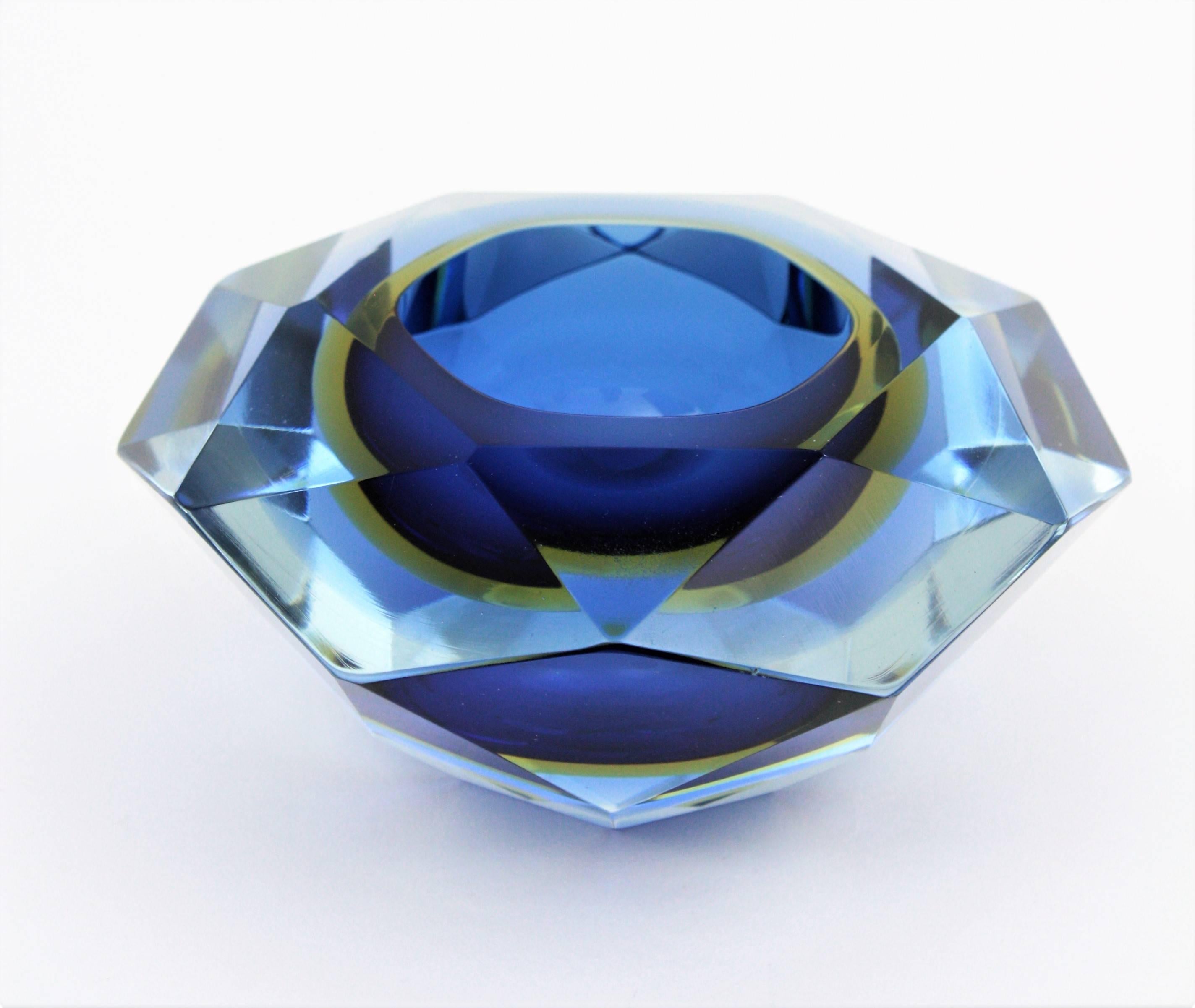 Flavio Poli Murano Cobalt Blue and Yellow Sommerso Faceted Giant Art Glass Bowl 1