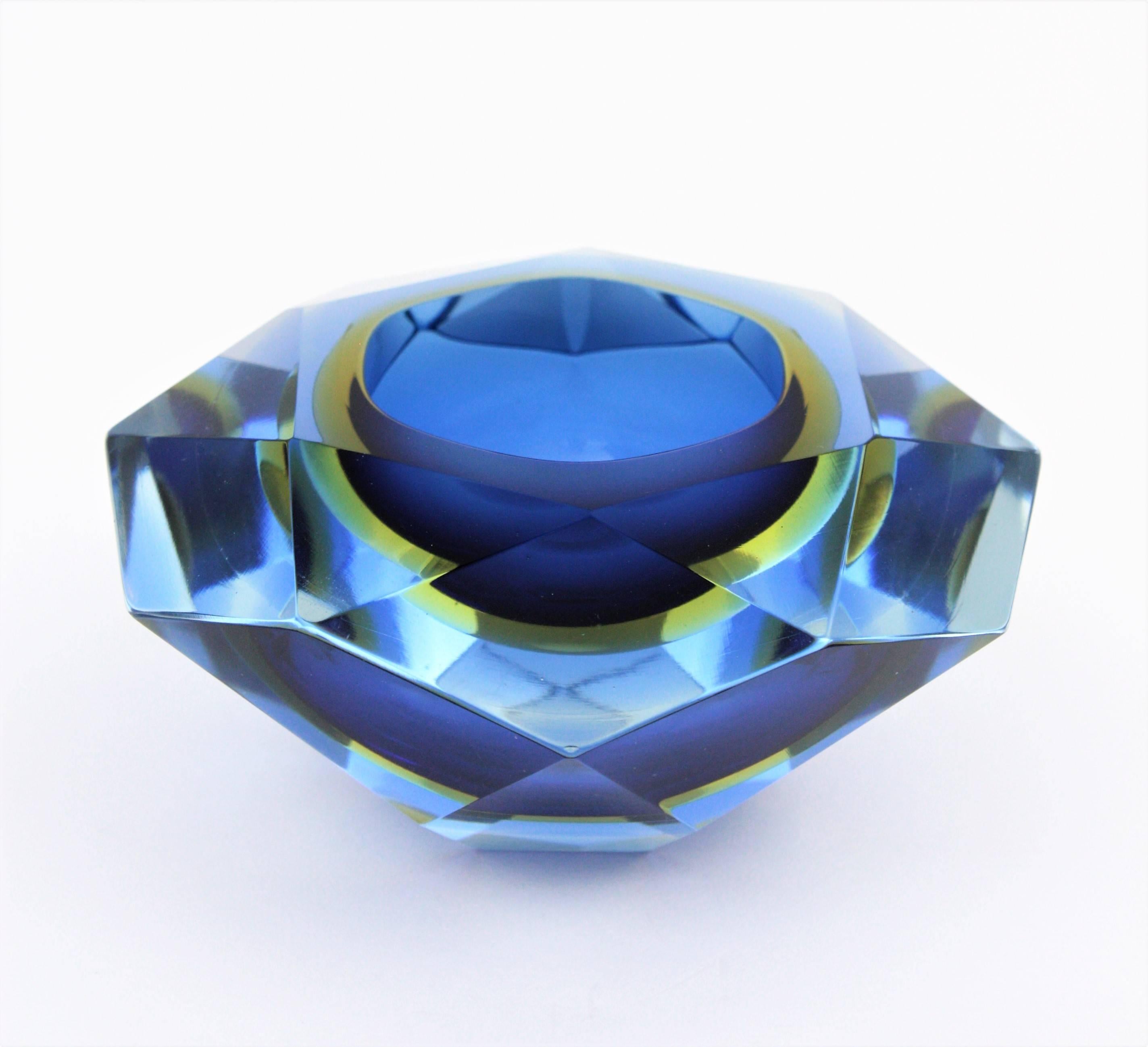 Flavio Poli Murano Cobalt Blue and Yellow Sommerso Faceted Giant Art Glass Bowl 2