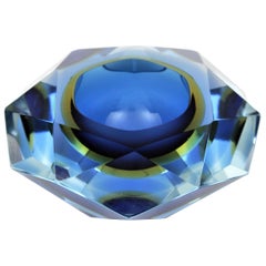 Flavio Poli Murano Cobalt Blue and Yellow Sommerso Faceted Giant Art Glass Bowl