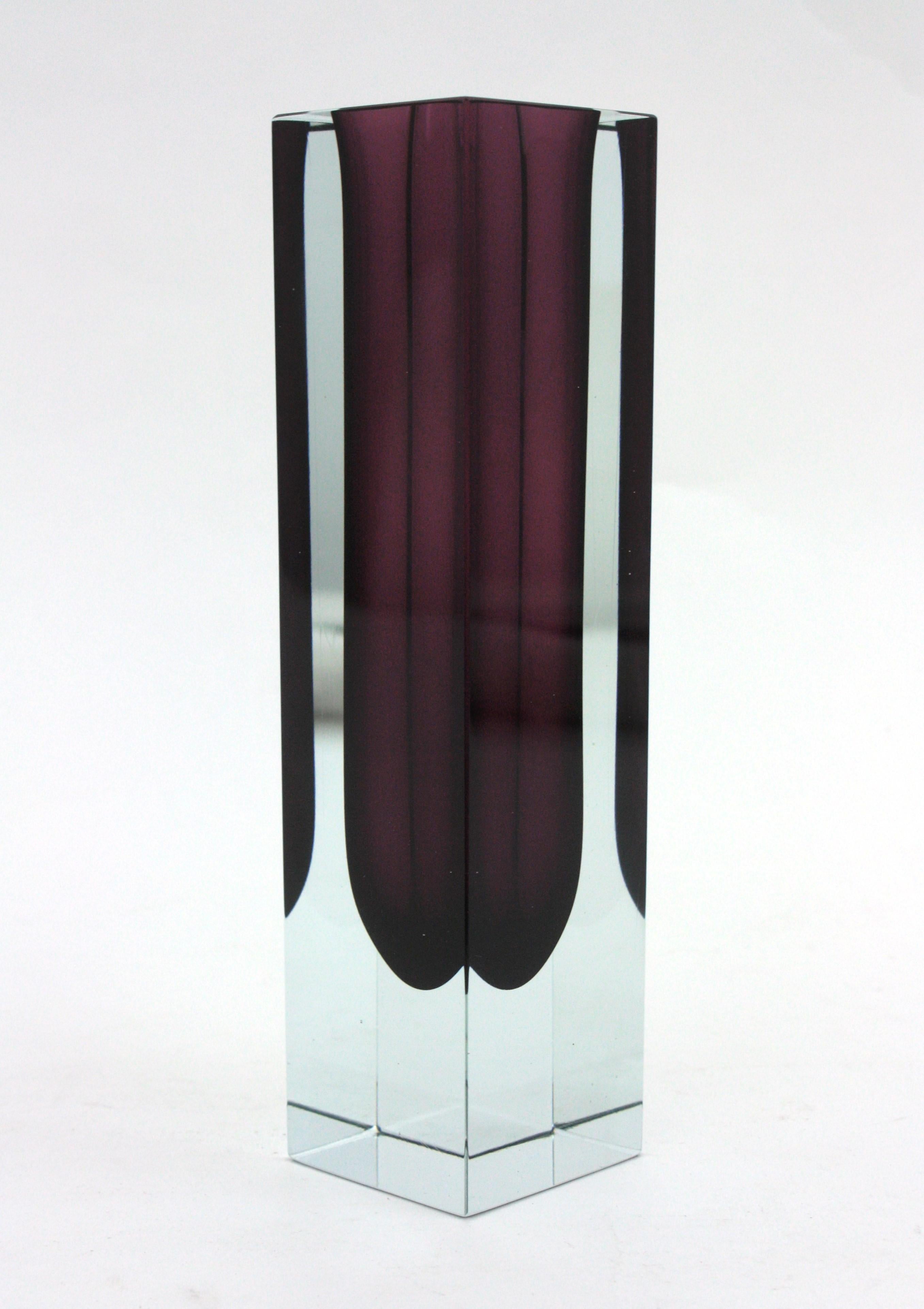 Giant Flavio Poli Murano Sommerso Purple Clear Faceted Art Glass Vase For Sale 4