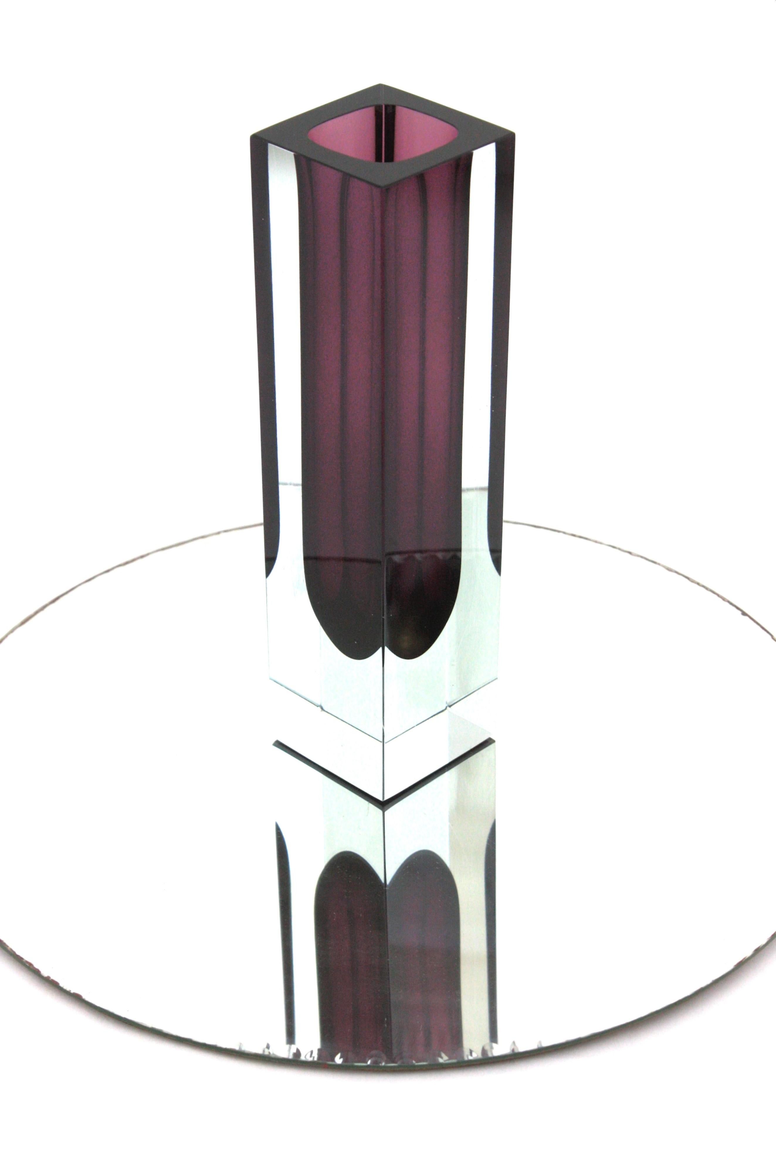 Giant Flavio Poli Murano Sommerso Purple Clear Faceted Art Glass Vase In Good Condition For Sale In Barcelona, ES